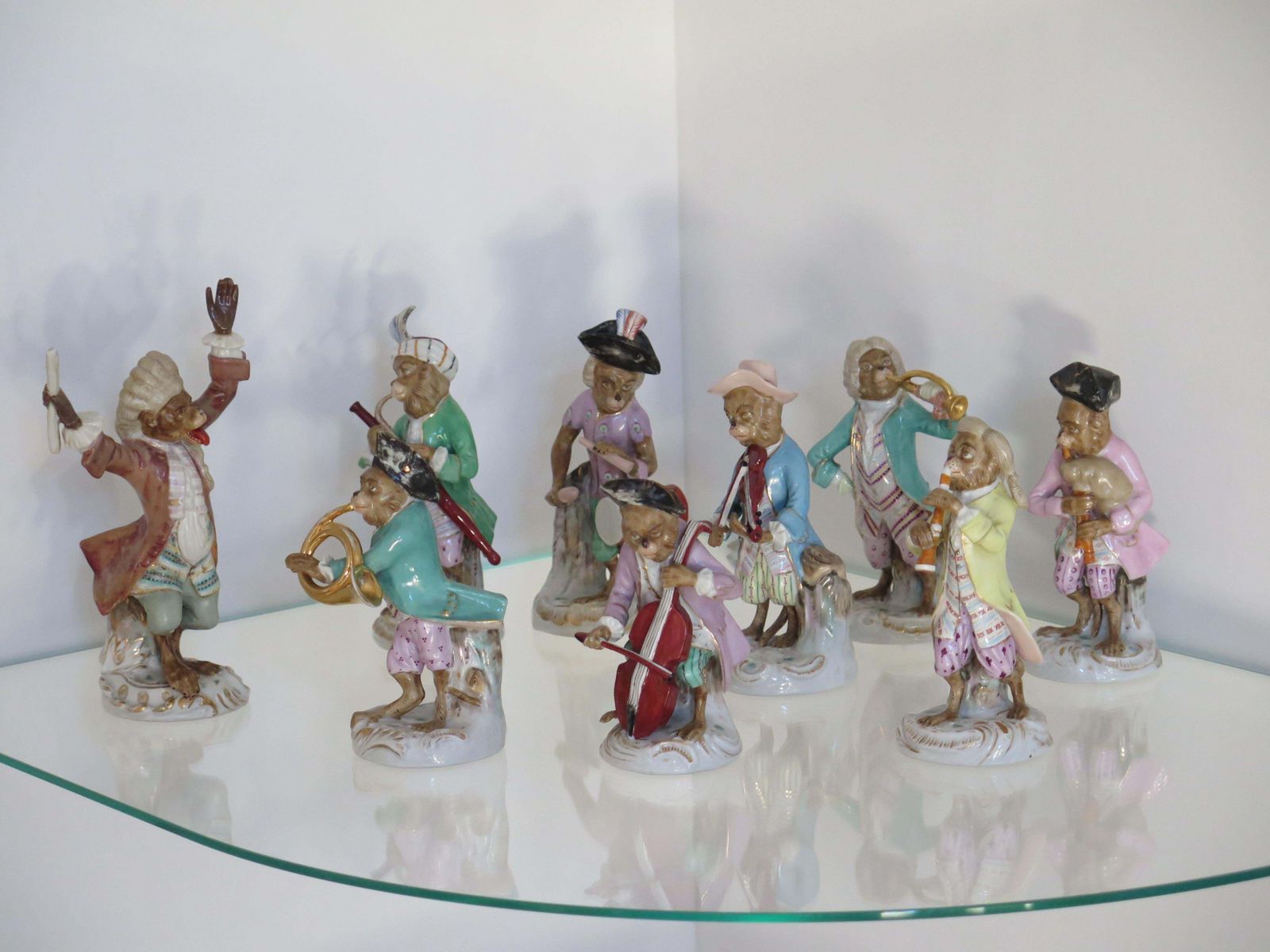 photo furniture Sitzendorf Porcelain Monkey Band Figurines Set, 9 Pieces, ca. 1910