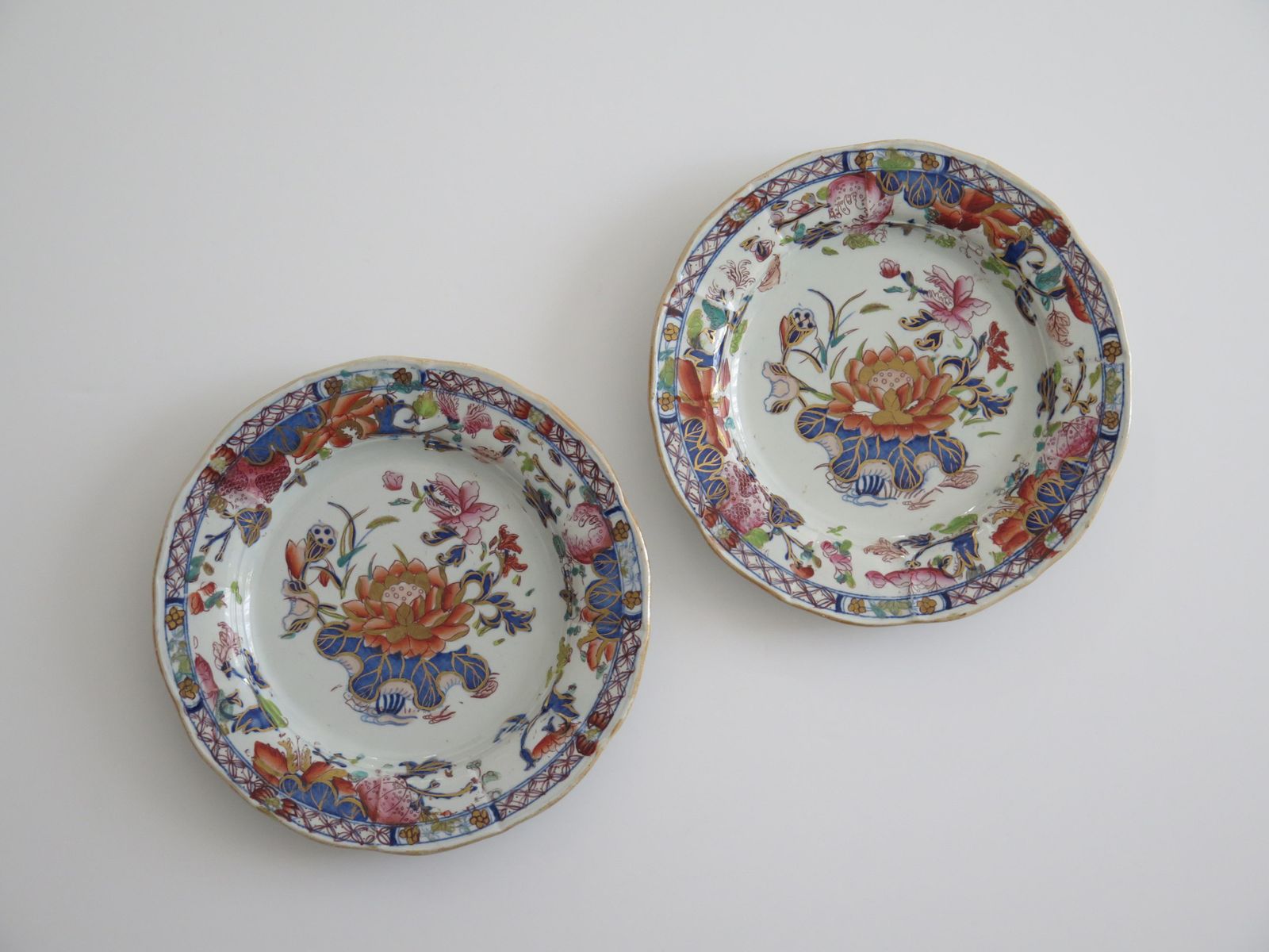Pair Of Antique Mason's Ironstone Plates, Water Lily Pattern, Circa 1815 photo for sale