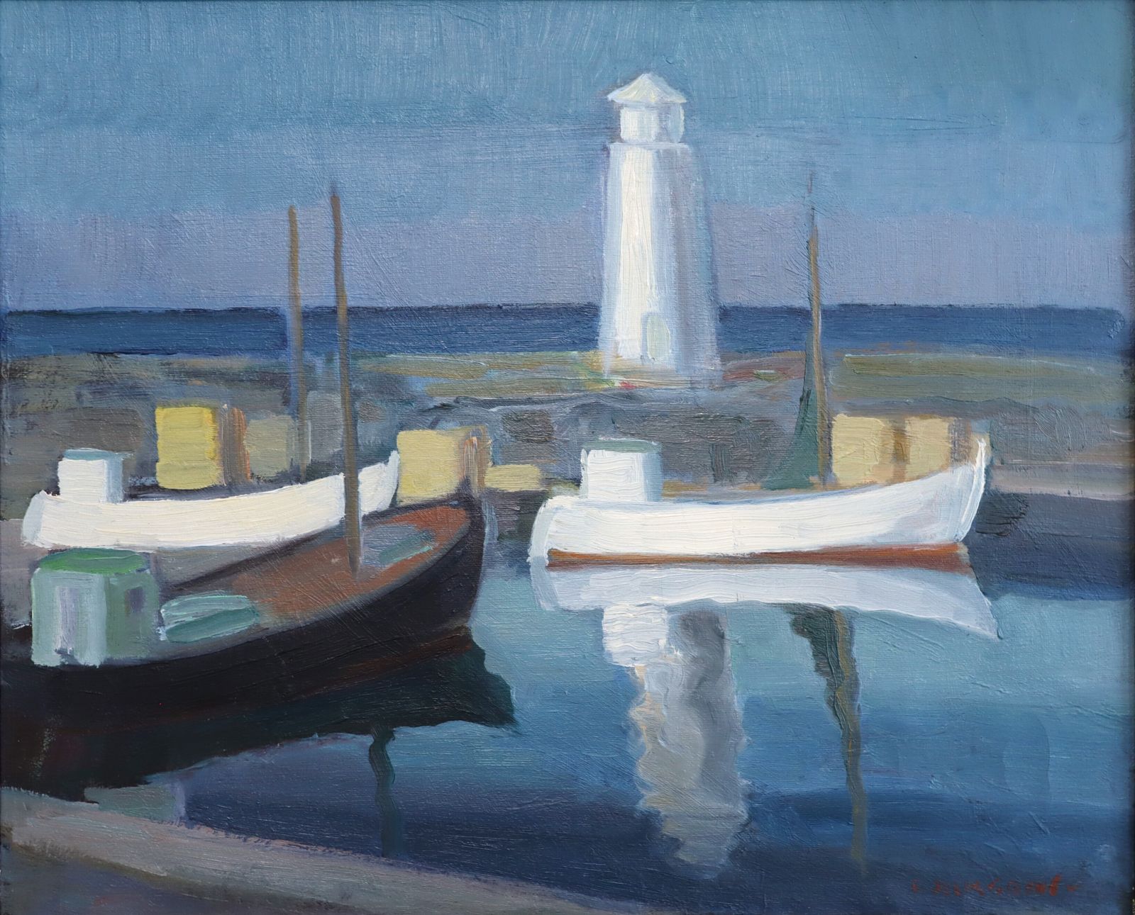 Haventafereel in blauw, olieverfschilderij, midden 20e eeuw photo 611.0