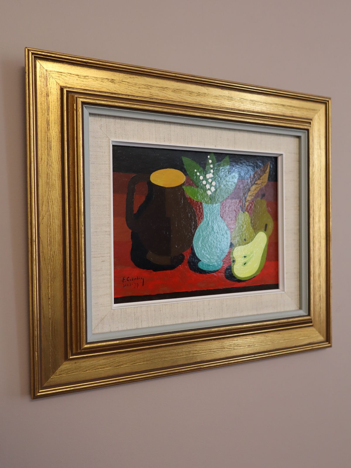Blauwe vaas en peren, olieverfschilderij photo furniture