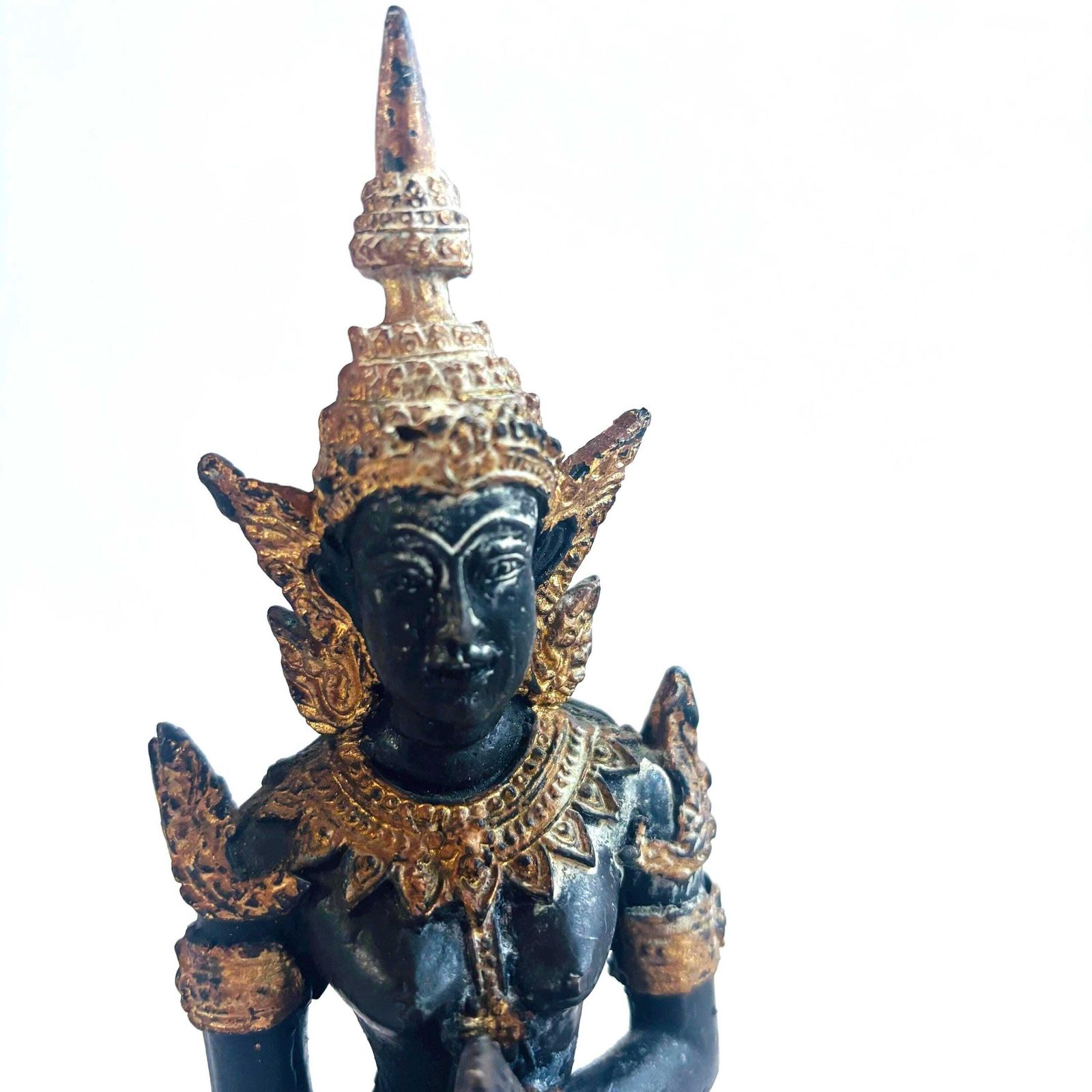 Art Statue Teppanom thaïlandaise mid-century en bronze doré, patinée noir et or, gardienne de temple photo