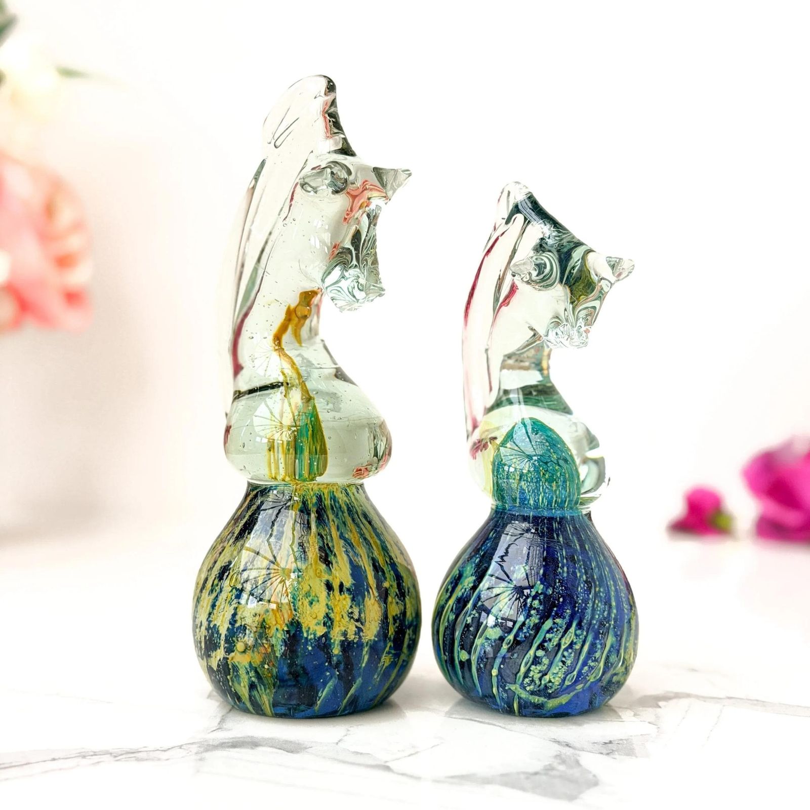 Mdina Glass Seahorse Figurines Signed Pair Vintage Maltese Art Glass Midcentury