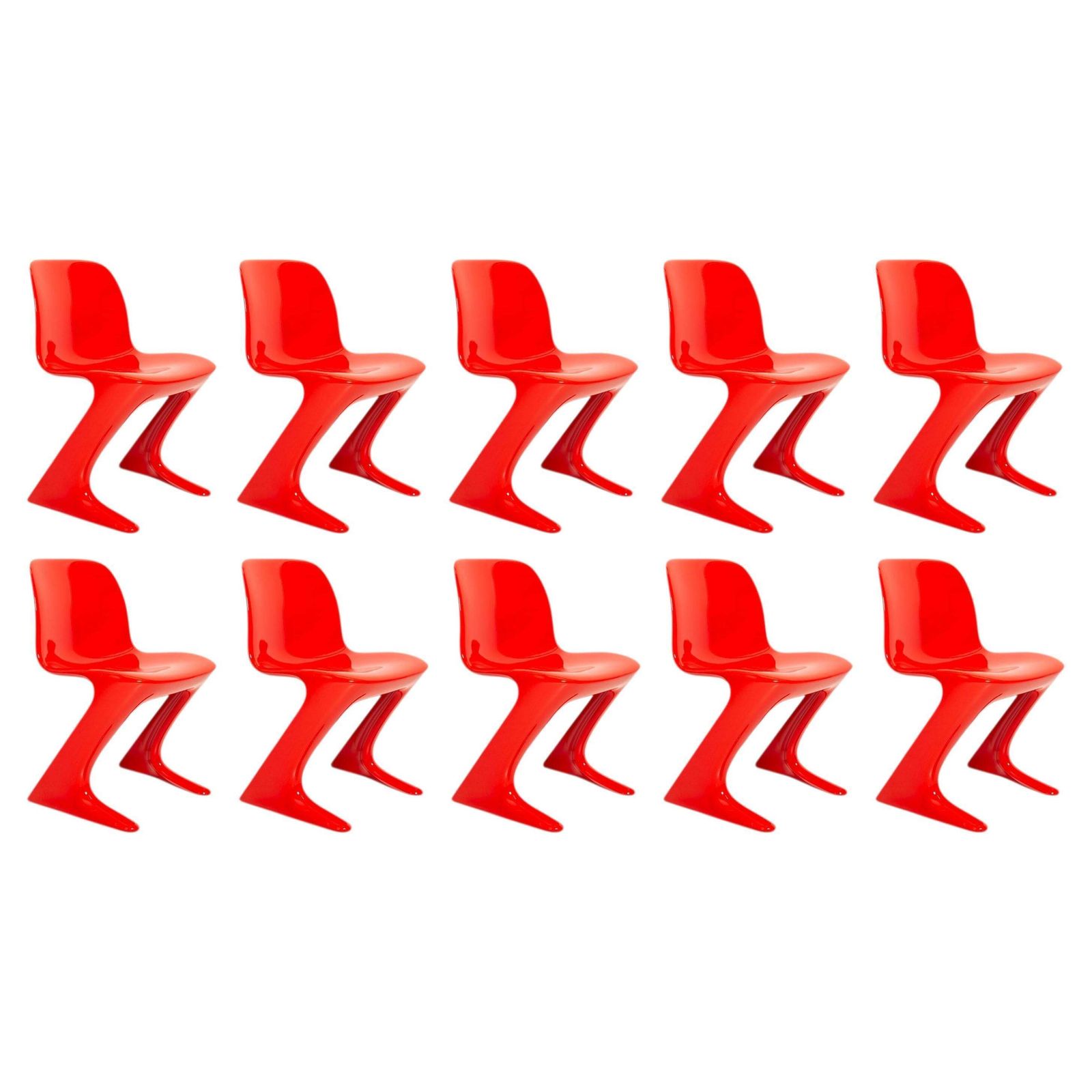 Tien Traffic Red Kangaroo Chairs ontworpen door Ernst Moeckl, Duitsland, 1968