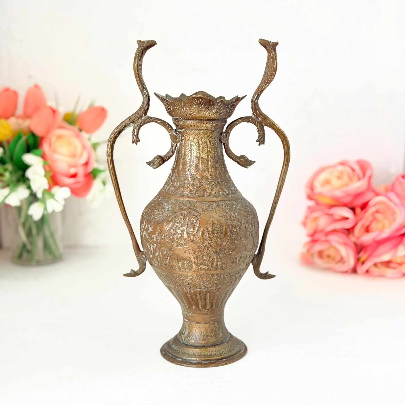 Antique Indian Brass Twin Cobra Handle Engraved Vase Late 19th Century photo furniture