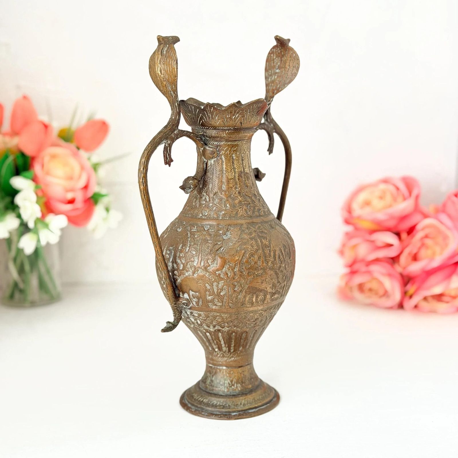 Antique Indian Brass Twin Cobra Handle Engraved Vase Late 19th Century photo 73.0