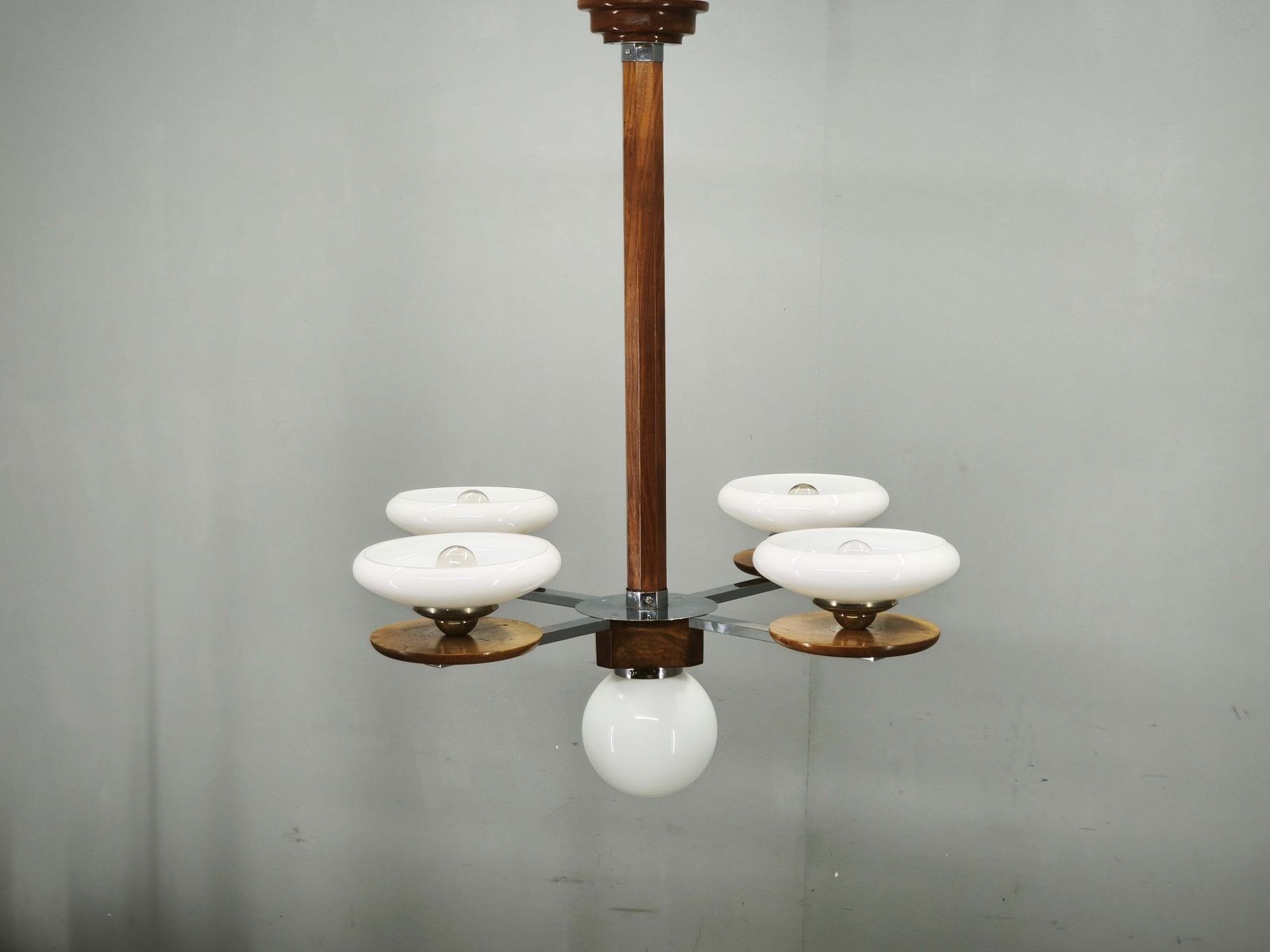 Tsjechische art deco hanglamp van walnoot, chroom en opalineglas, jaren 1930 photo for sale