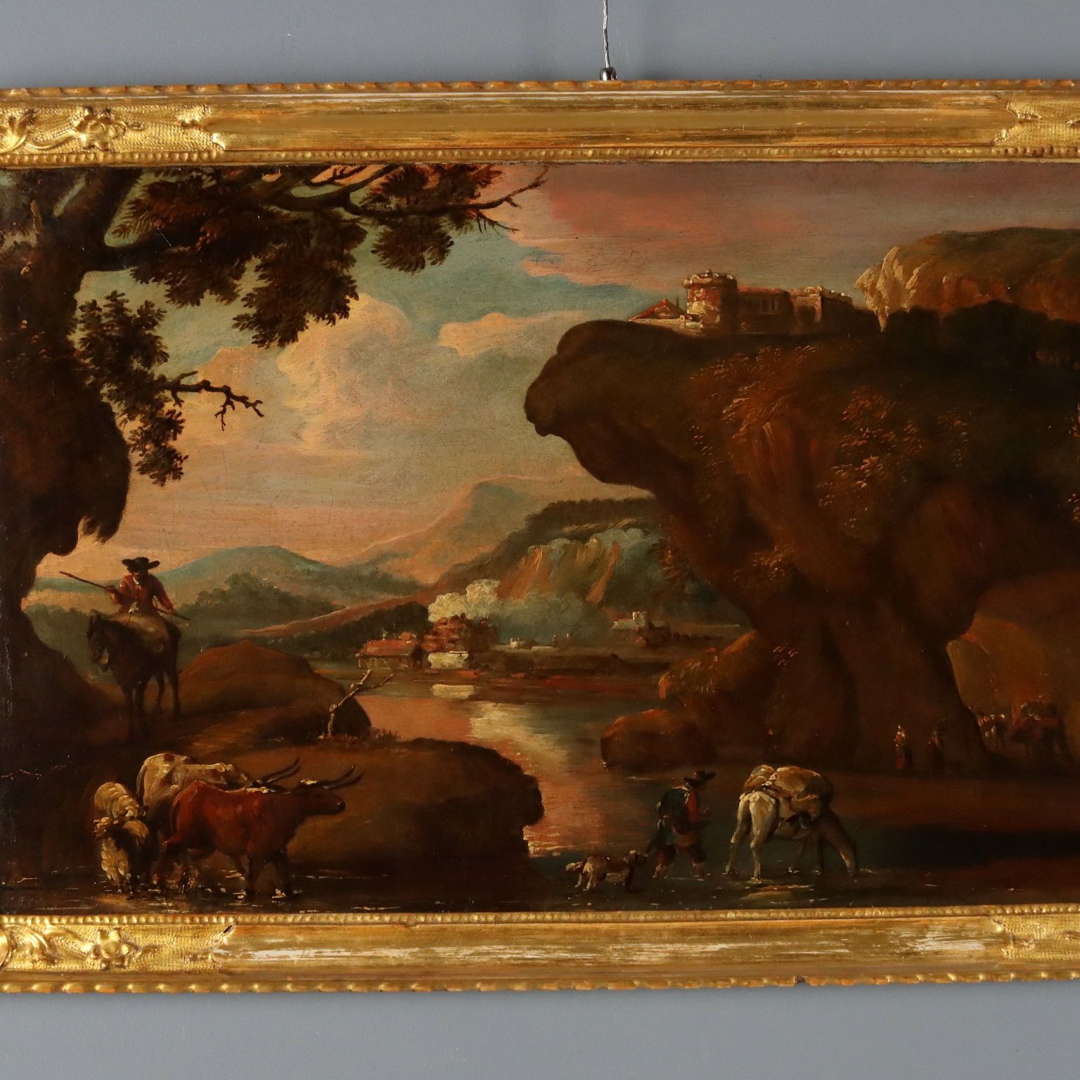 Tableau d'époque, paysage avec bergers, huile sur toile, XVIIe siècle photo for sale
