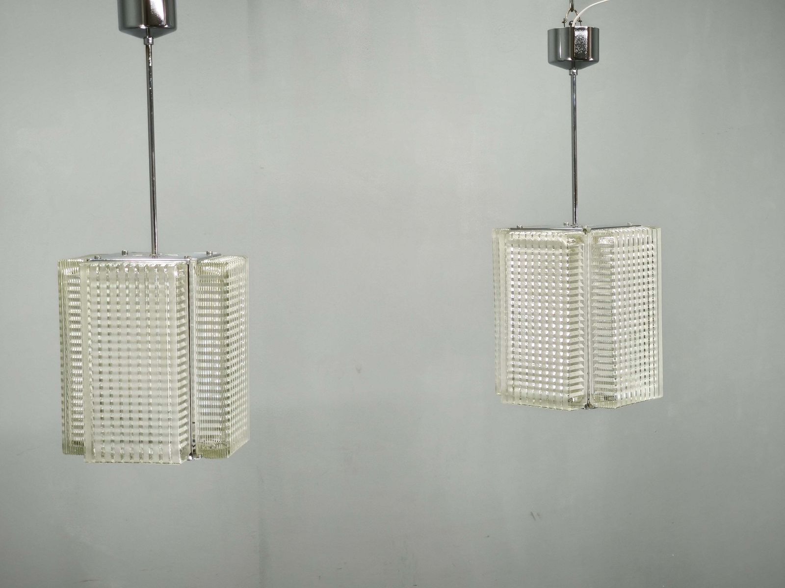 photo vinterior Pair Of Napako Chrome And Textured Glass Pendant Lights, 1970s