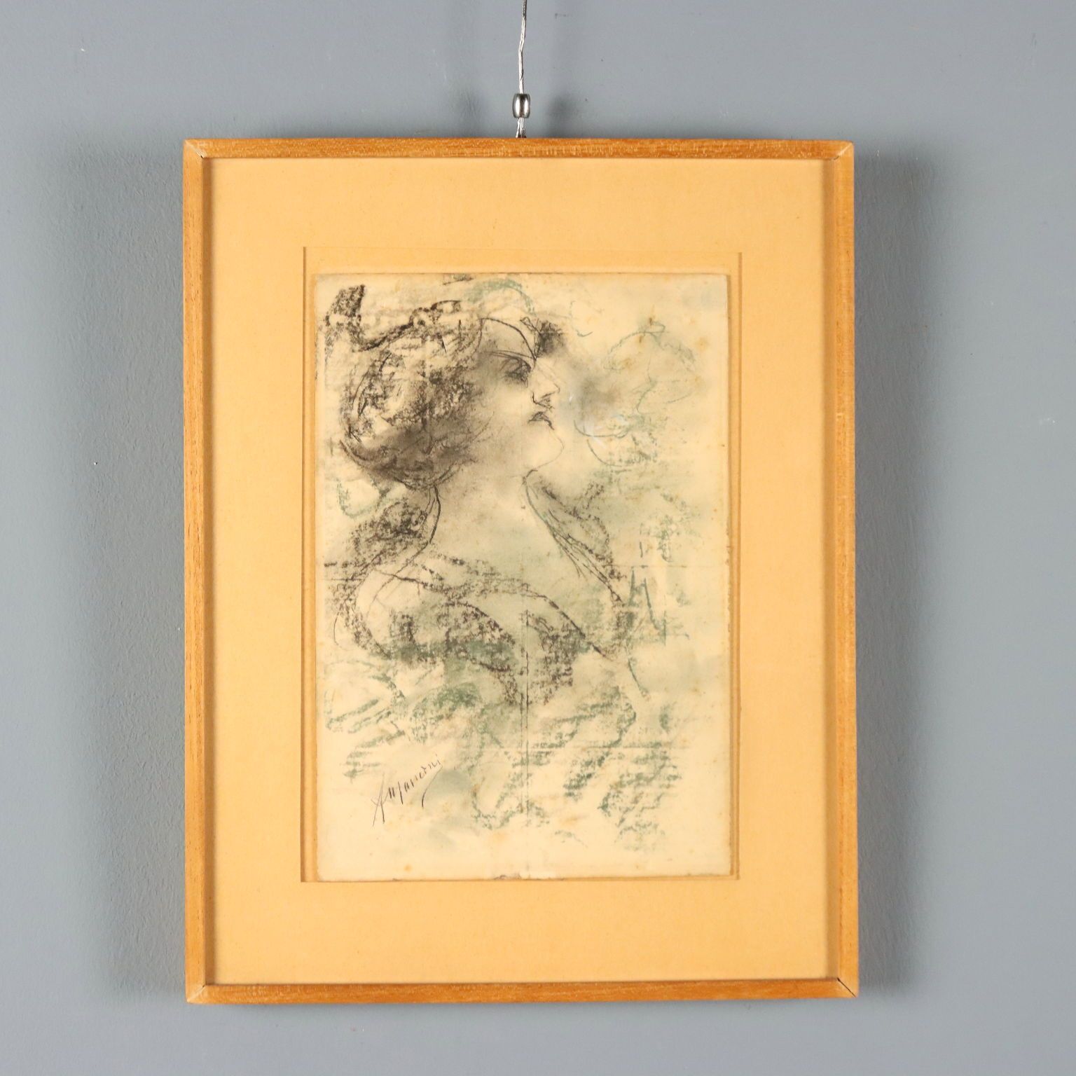 Antieke tekening gesigneerd Antonio Mancini gemengde techniek 19e eeuw