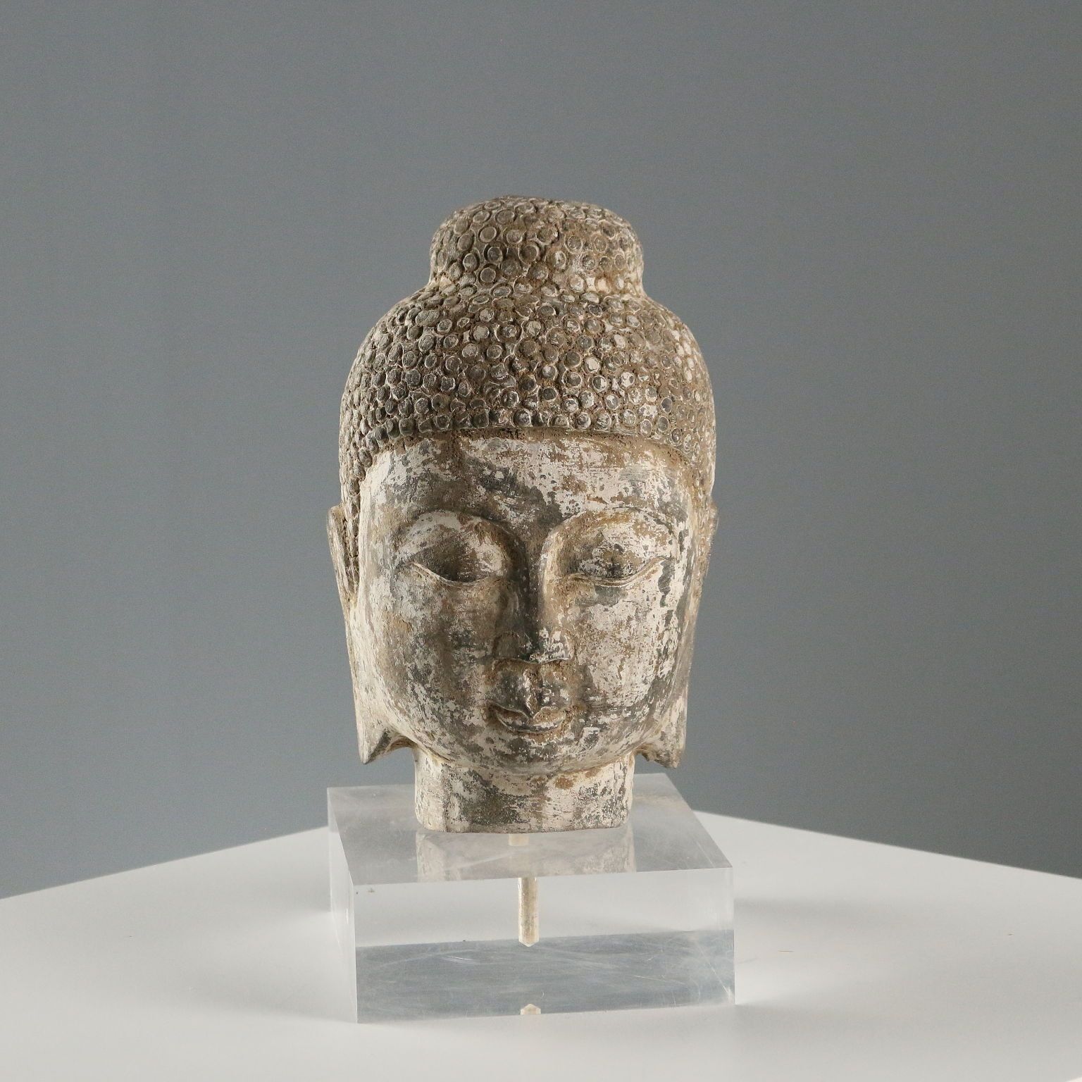 Stone Buddha Head Modern Sculpture Plexiglass Base XX Century