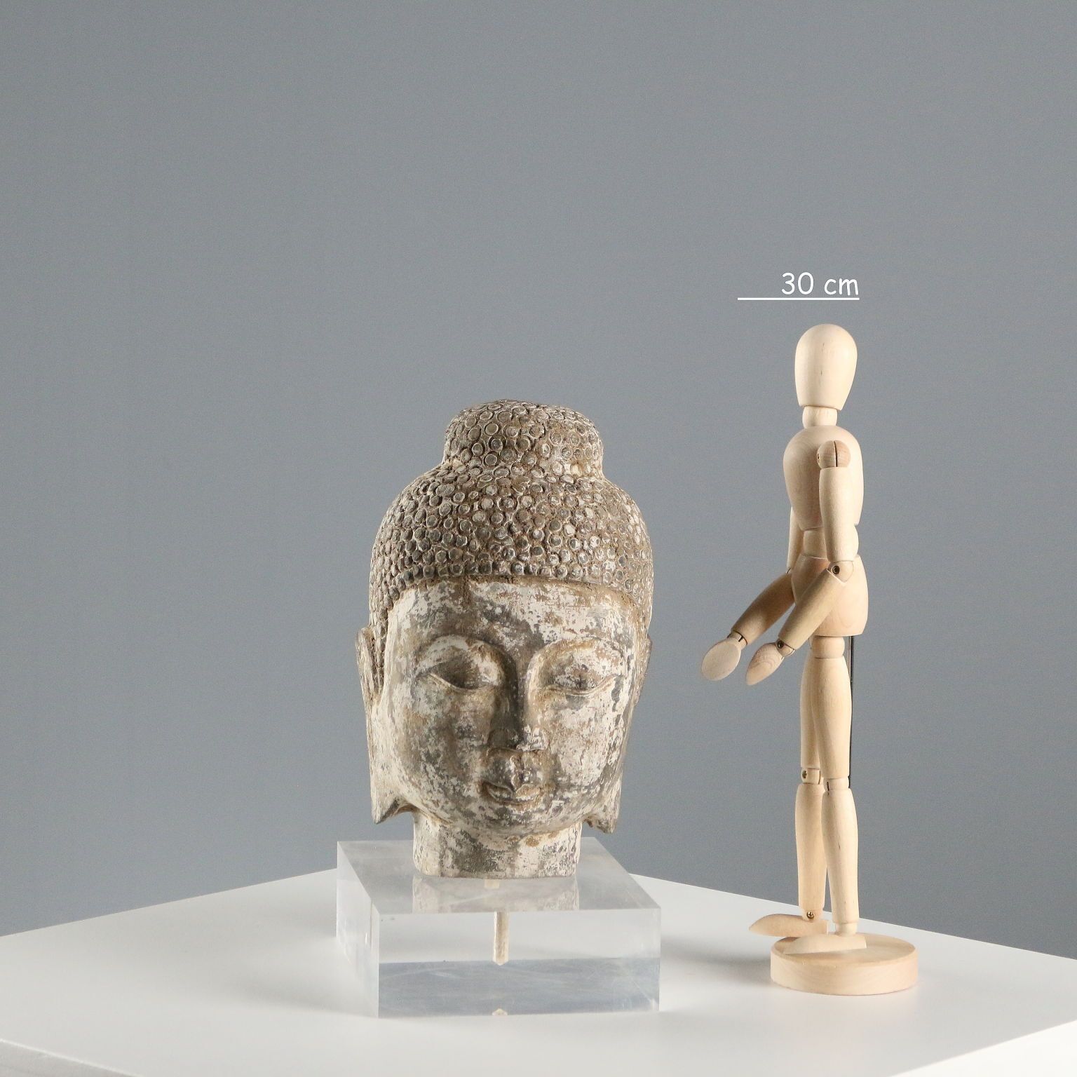 Stone Buddha Head Modern Sculpture Plexiglass Base XX Century photo furniture