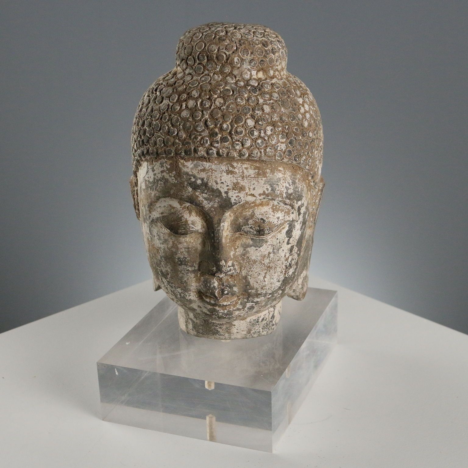 Stone Buddha Head Modern Sculpture Plexiglass Base XX Century photo 310.0