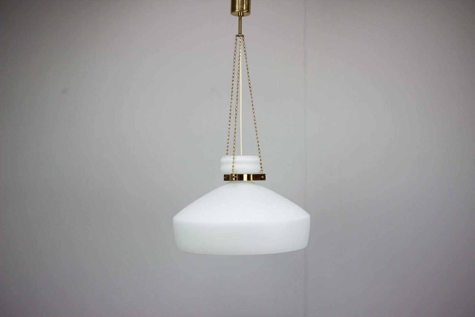 1970s Czechoslovak Mid Century Modern Pendant Lamp In Opaline Milk Glass And Bra photo furniture