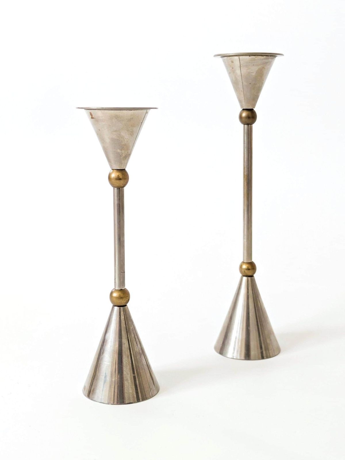photo for sale Pair Of Vintage Postmodern Memphis Candlestick Holders 1980s Brass Steel Cone Shape