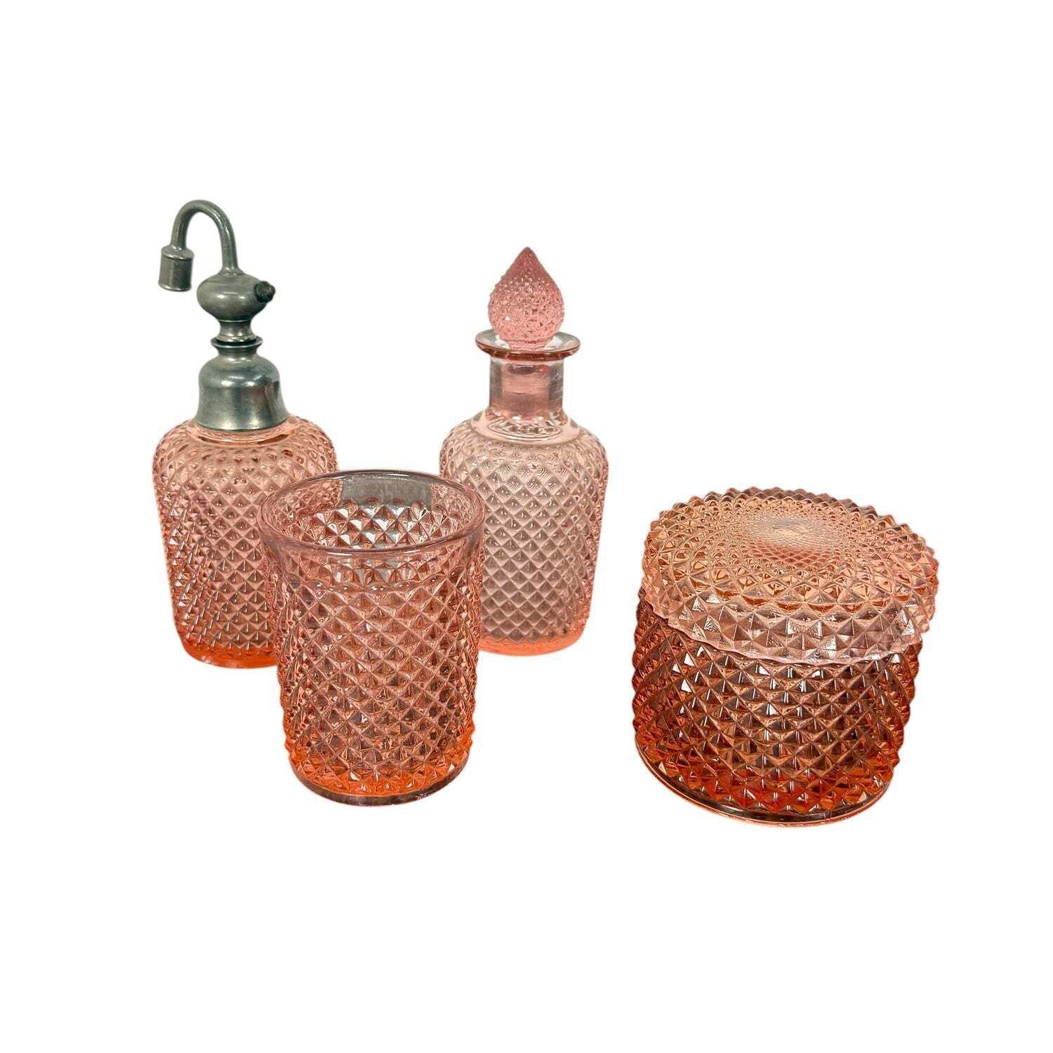 Vintage roze geperst glas badkamer toiletset