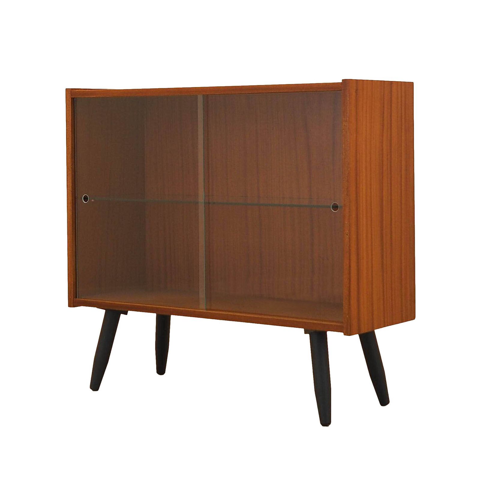 Deens vitrinekastje met schuifdeuren van glas, mahoniehouten fineer, jaren 1970