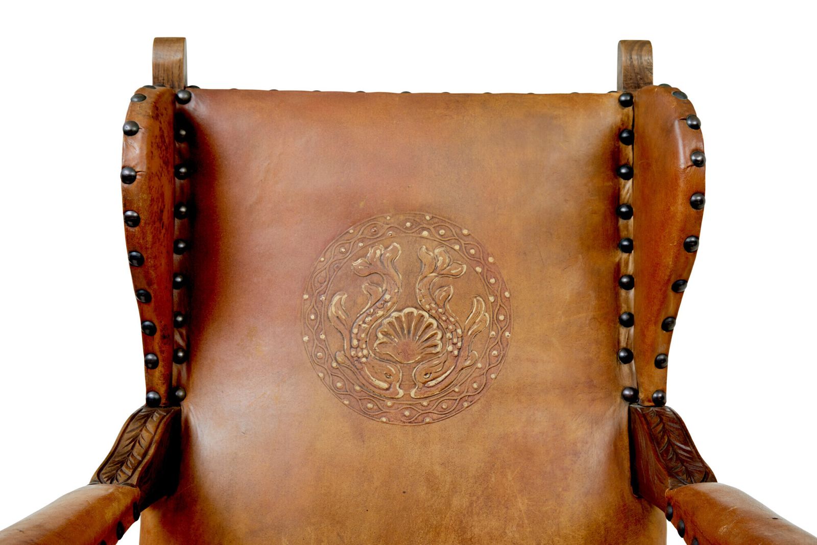 Paar 19e-eeuwse fauteuils van eikenhout en geborduurd leer photo vinterior