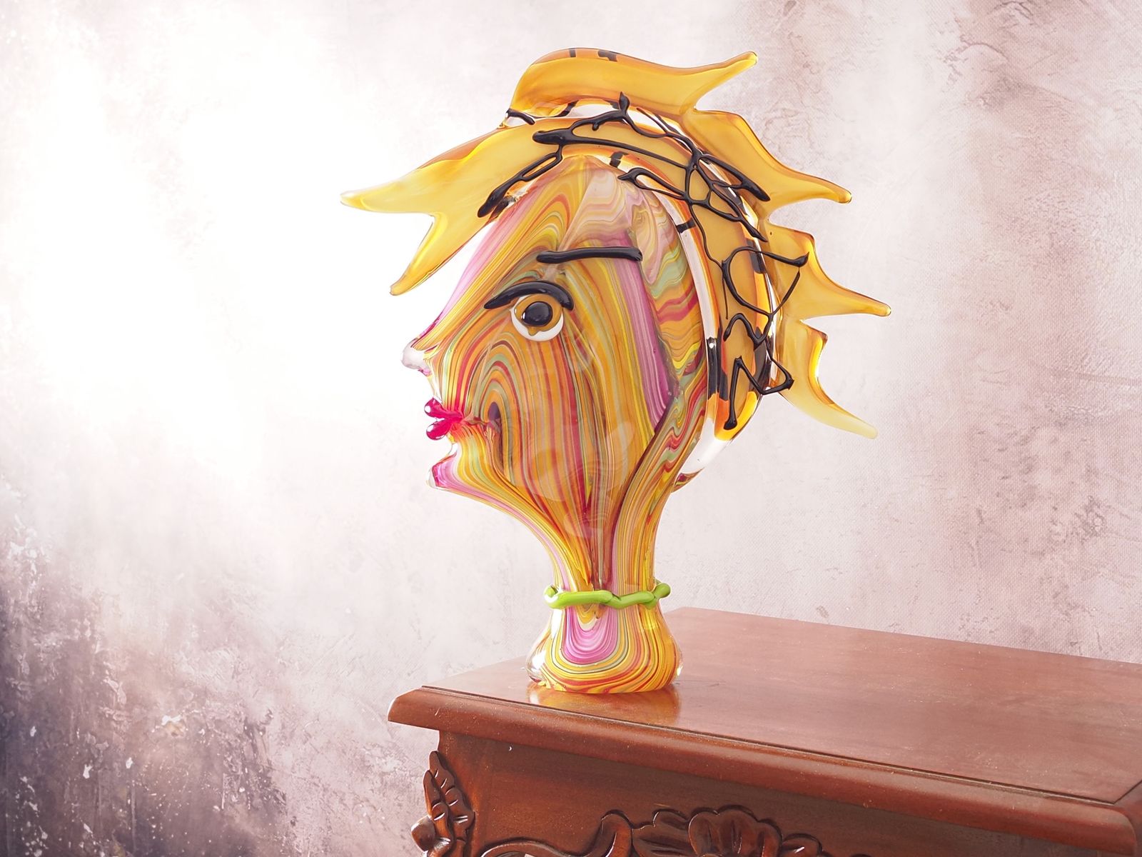 Murano Style Roze & Oranje Glazen Vrouwenhoofd