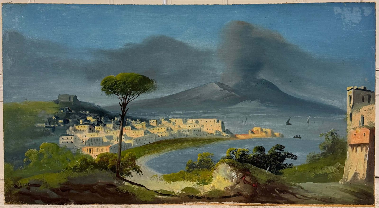 Daytime View Of Mount Vesuvius Smoking Bay Of Naples Antique Oil Landscape photo furniture