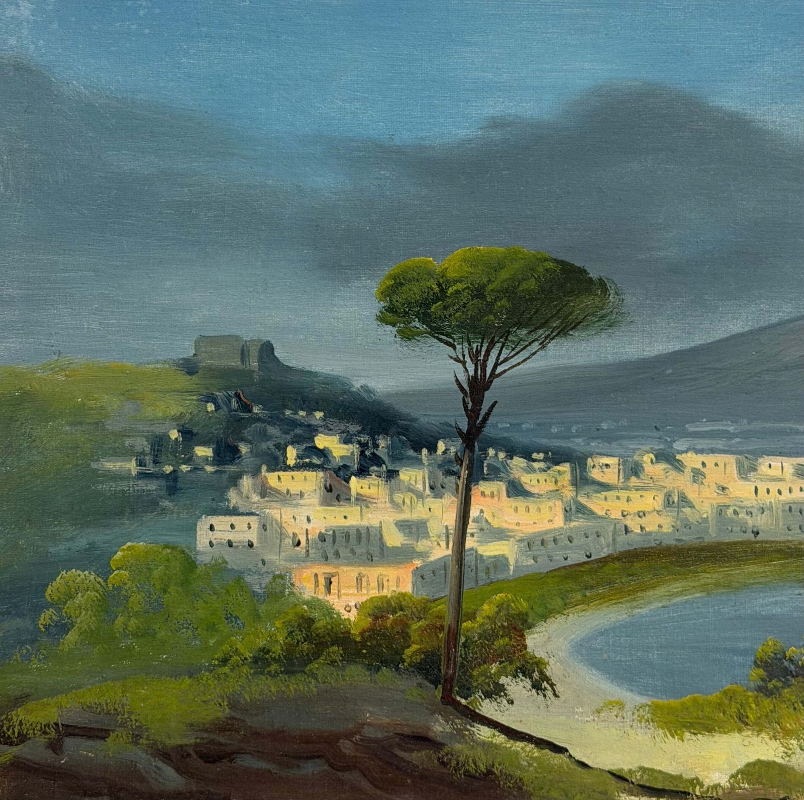 Daytime View Of Mount Vesuvius Smoking Bay Of Naples Antique Oil Landscape photo for sale
