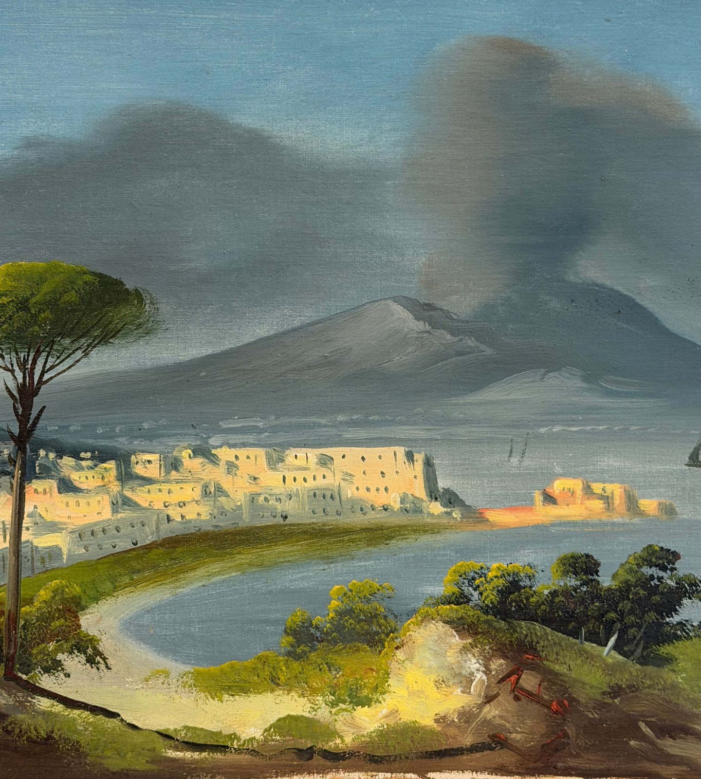Daytime View Of Mount Vesuvius Smoking Bay Of Naples Antique Oil Landscape photo Art
