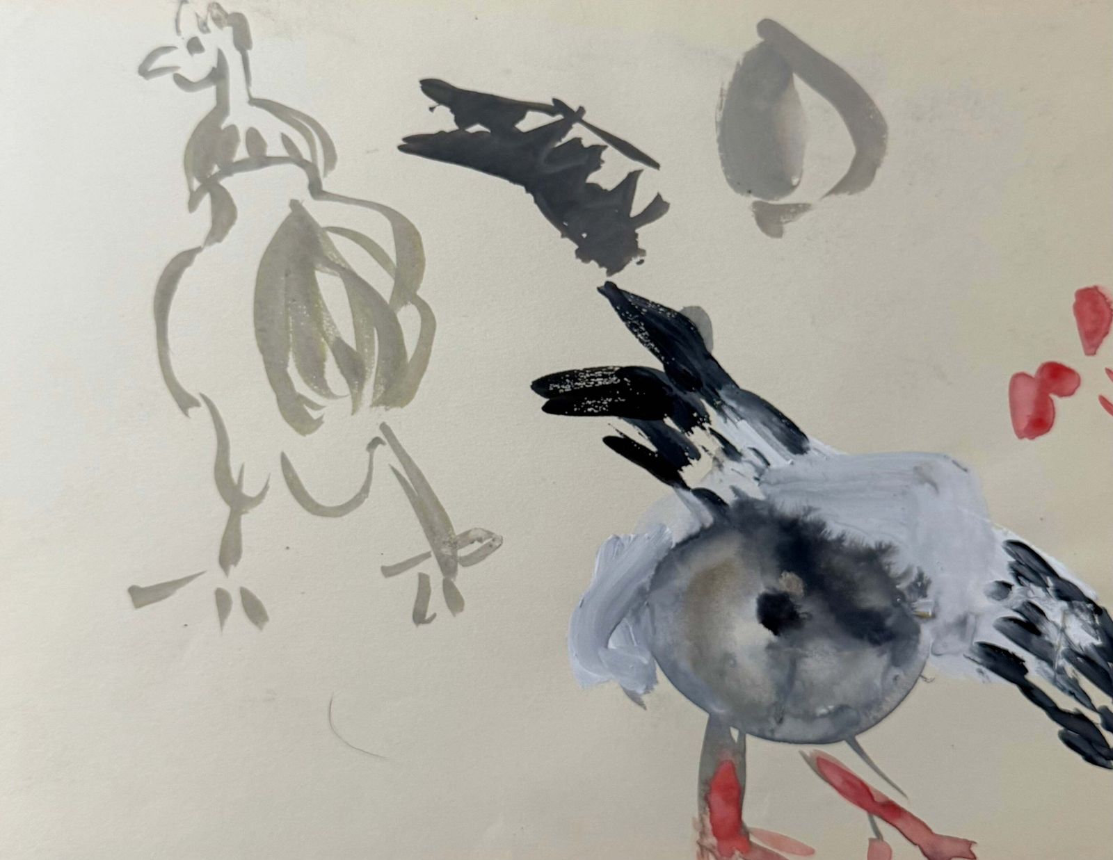Pigeon Studies French Modernist Bird Study Gouache 1950's Painting