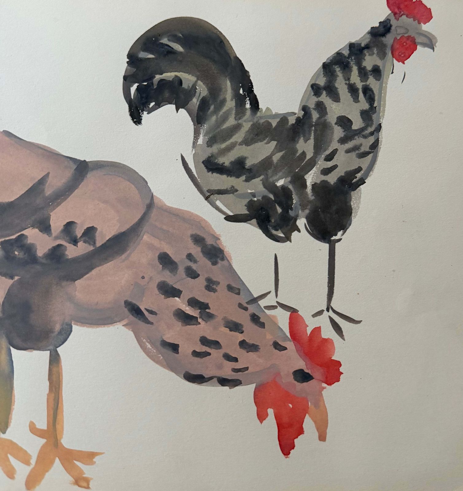 Deux coqs, étude animalière moderniste française à la gouache photo for sale
