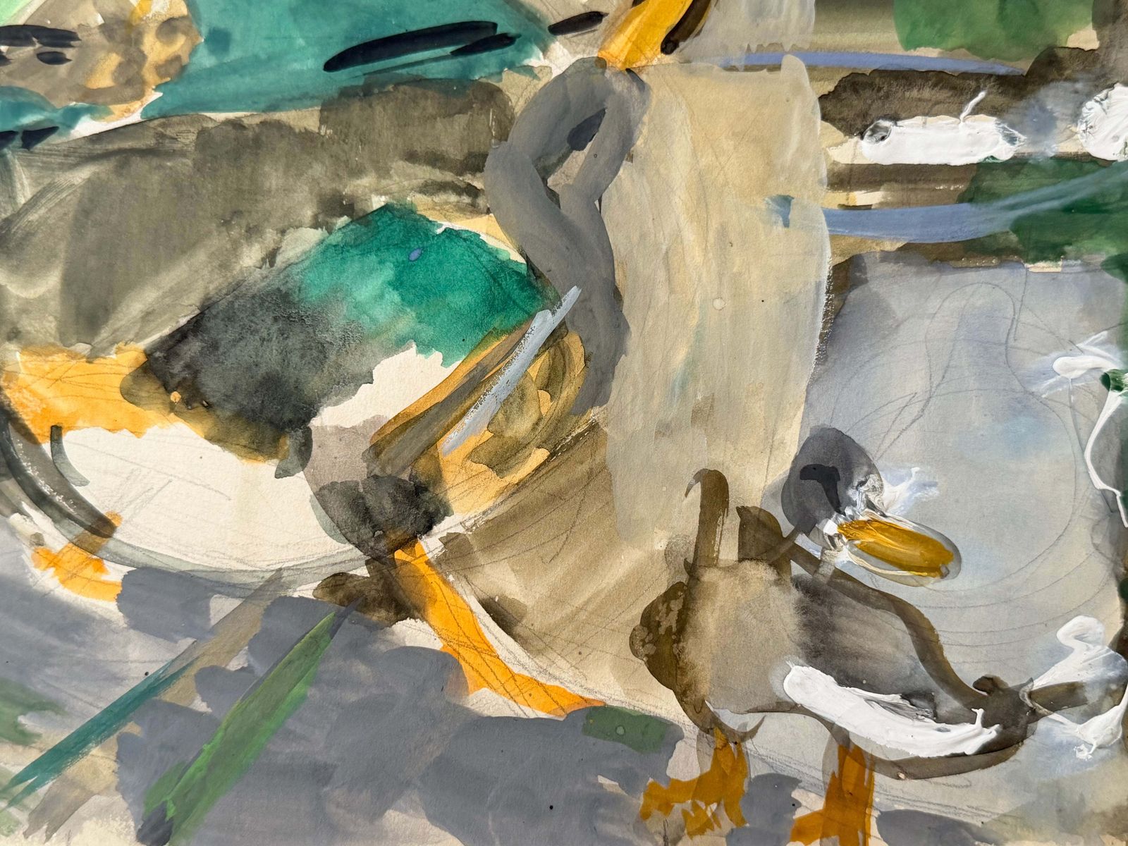 Canards colverts au bord de l'eau, étude animalière moderniste française à la gouache photo for sale