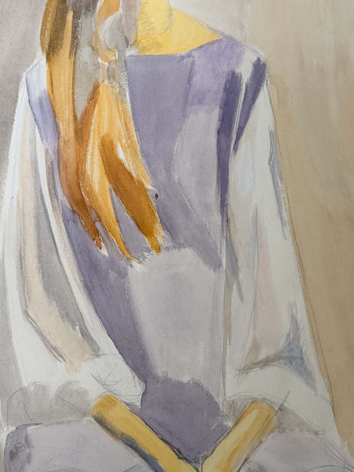 Femme assise aux longs cheveux, portrait moderniste français, gouache et crayon photo Art