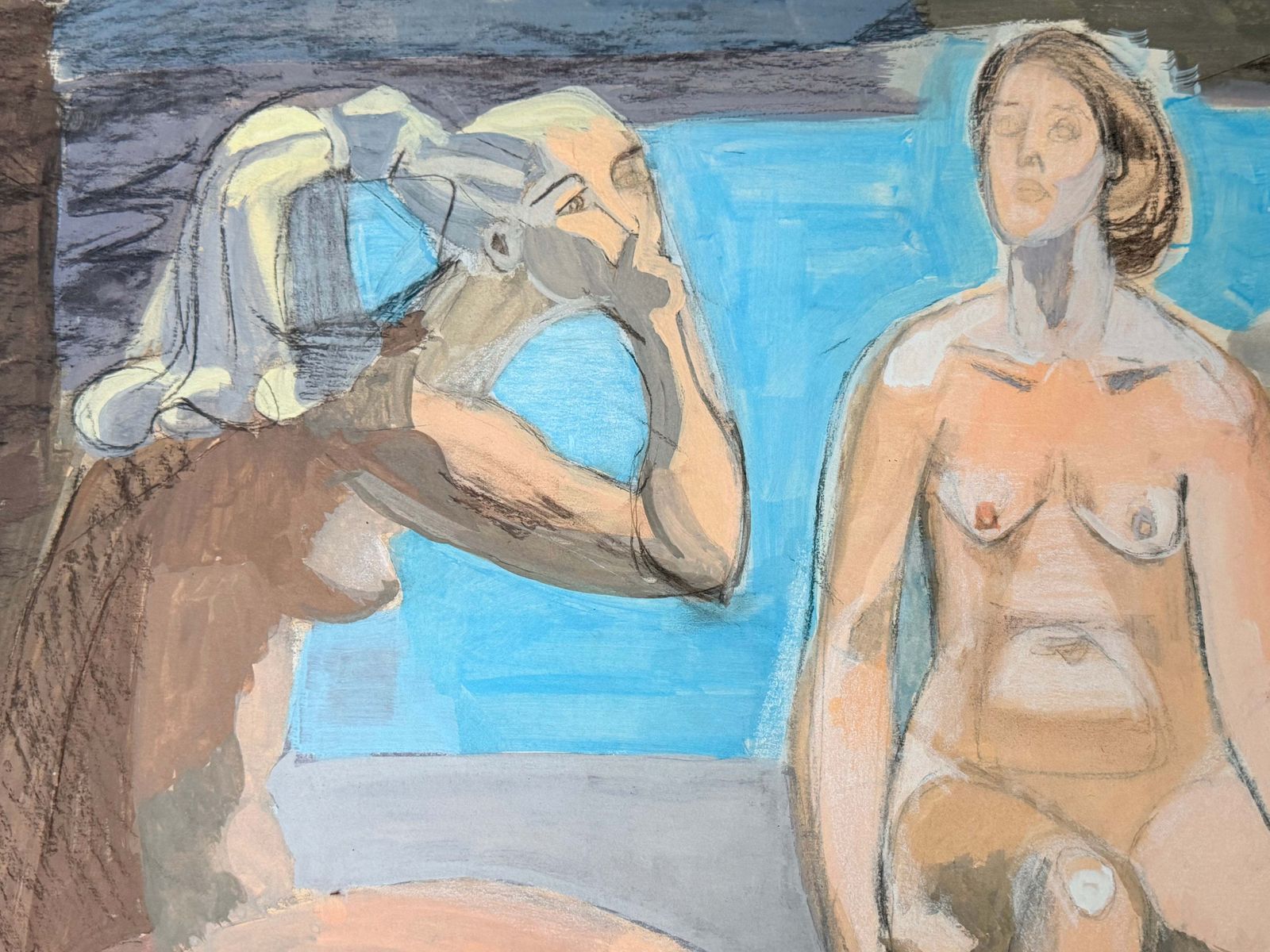 Deux nus féminins en conversation, peinture figurative moderniste française, gouache et crayon photo Art