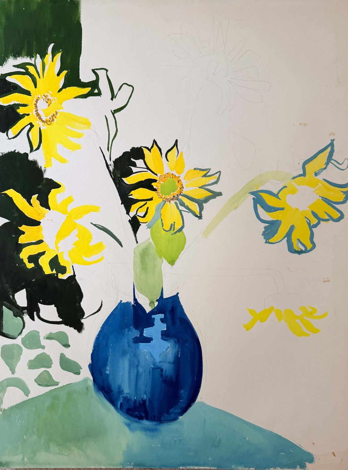 Tournesols dans un vase bleu, nature morte florale moderniste française, gouache