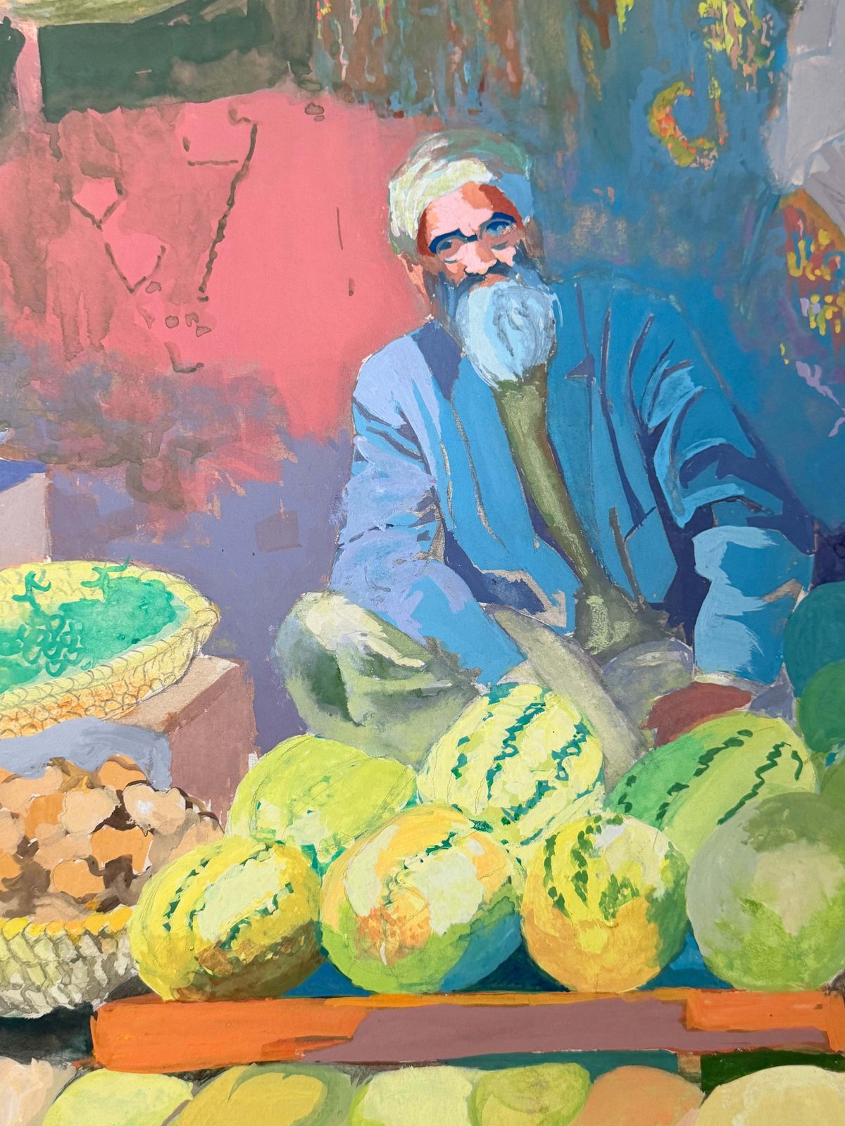 Vendeur de pastèques au marché marocain, gouache moderniste française, années 1950 photo for sale
