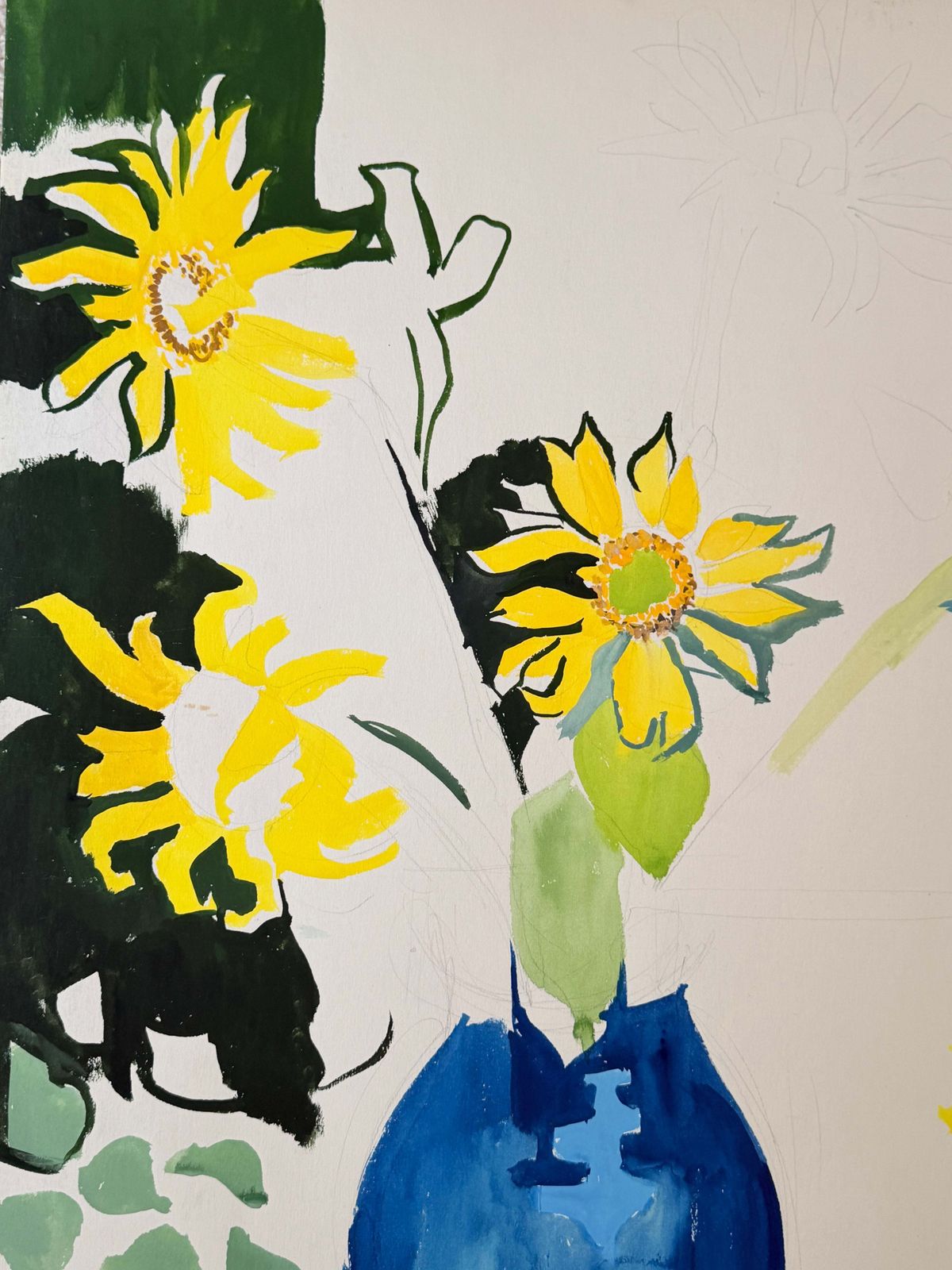 Sunflowers In A Blue Vase French Modernist Floral Still Life Gouache Painting photo for sale
