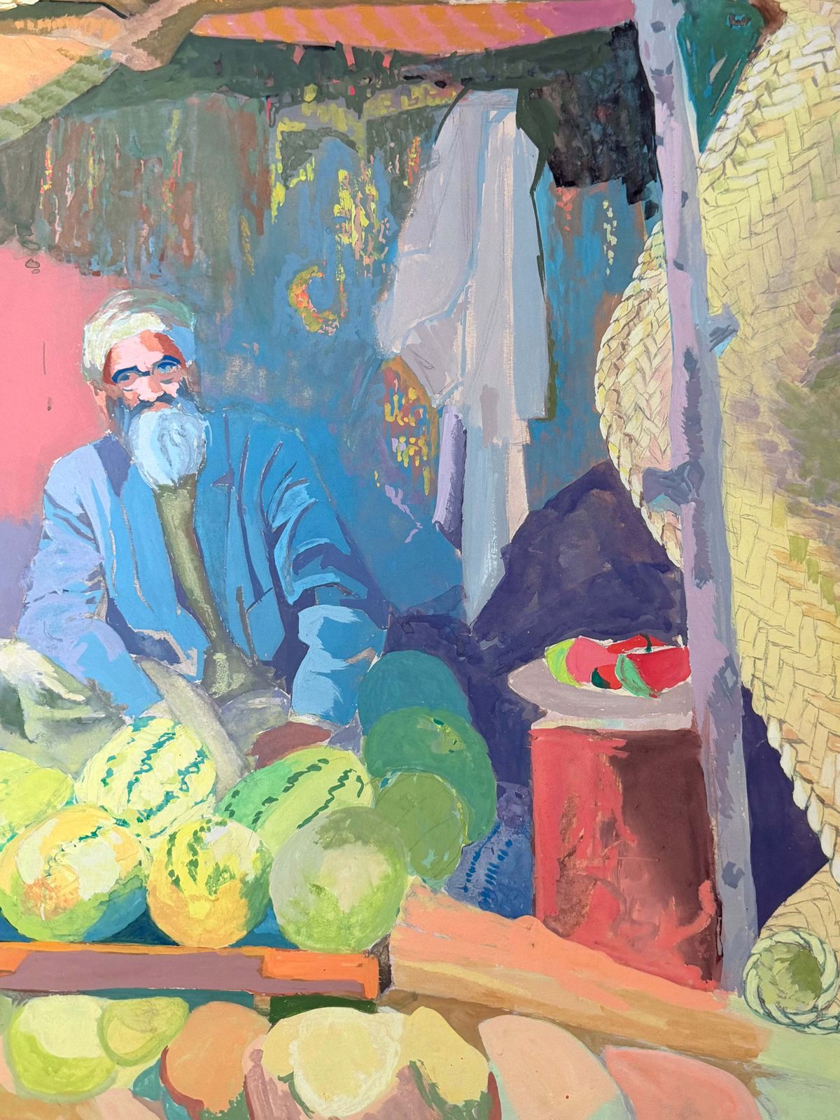 Vendeur de pastèques au marché marocain, gouache moderniste française, années 1950 photo vinterior