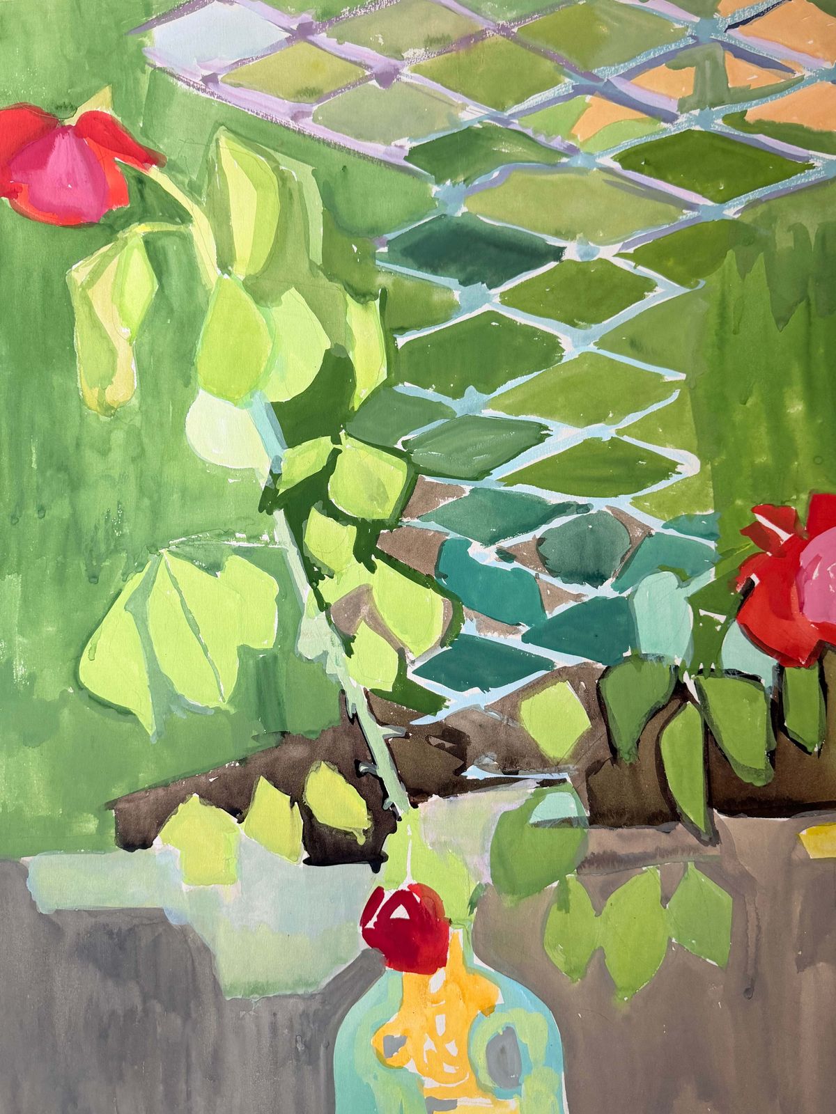 Red Roses In Vase In A Bright Garden 1950's French Still Life Gouache Painting photo Art