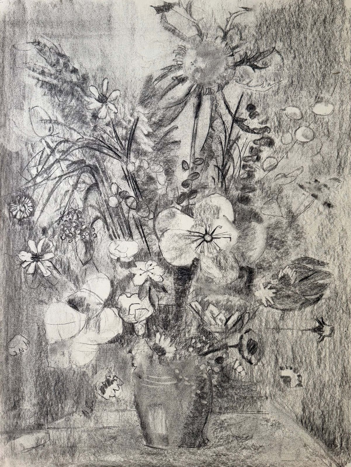 Black & White Still Life Of Flowers French Modernist Charcoal & Pencil Drawing