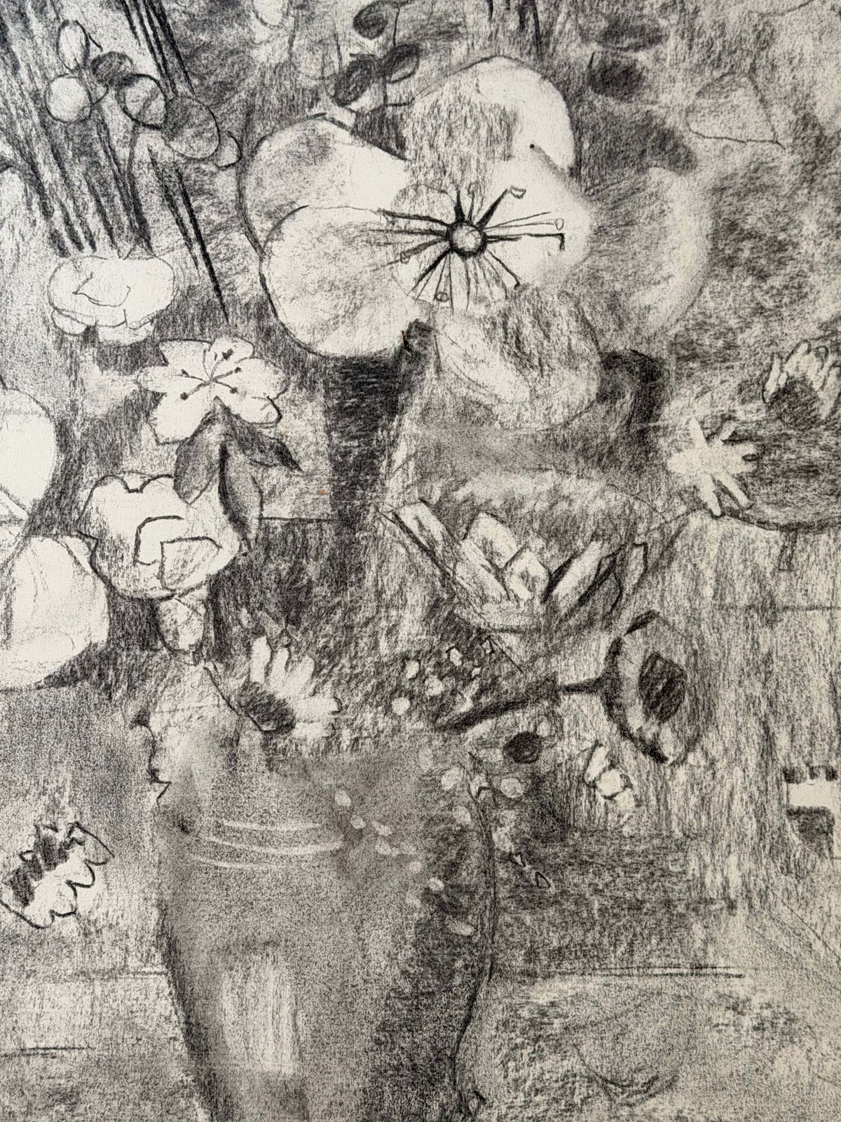 Nature morte en noir et blanc avec fleurs, dessin moderniste français au fusain et au crayon photo Art