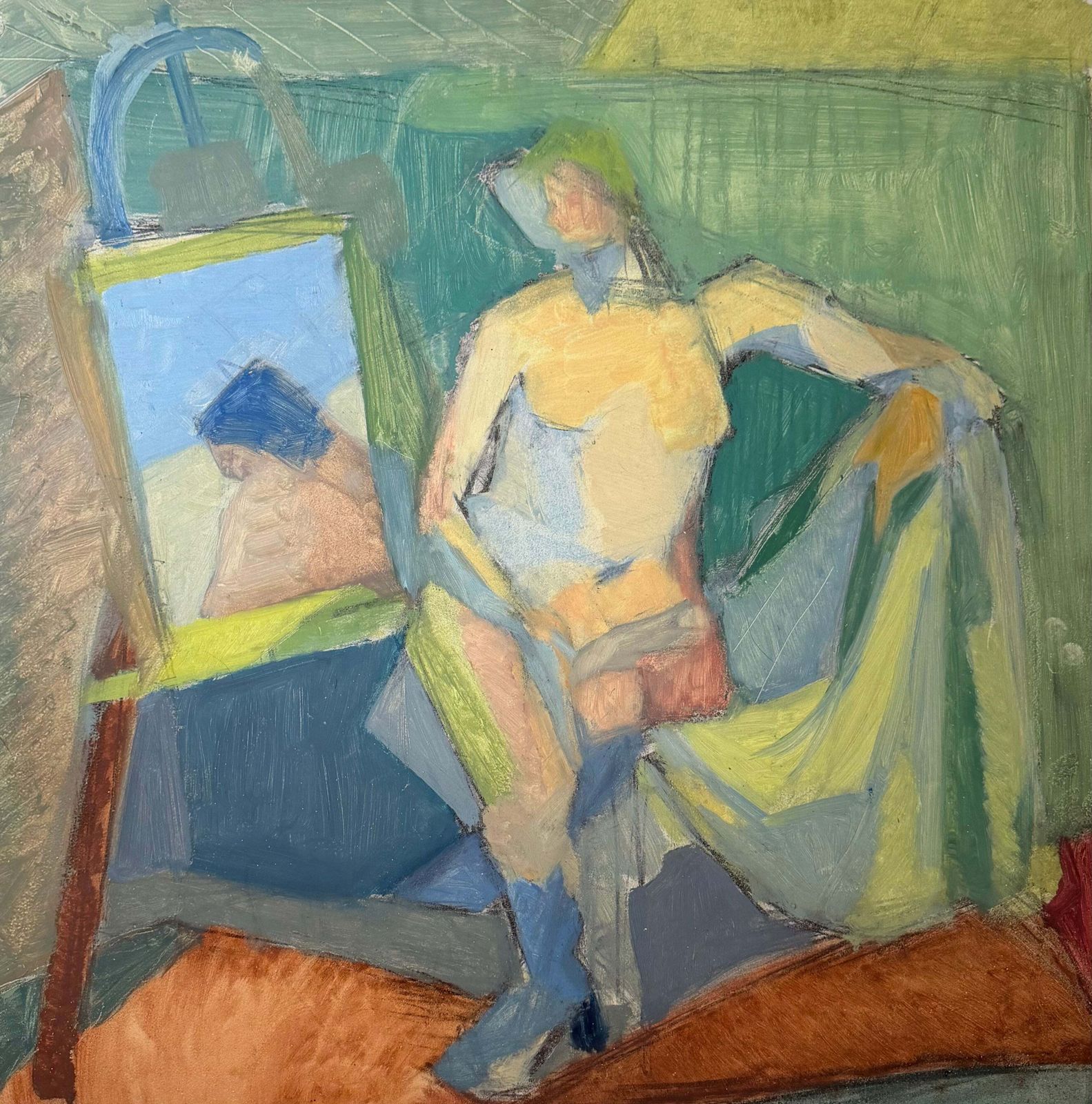 Seated Female Nude In An Bright Interior French Modernist Cubist Oil Painting