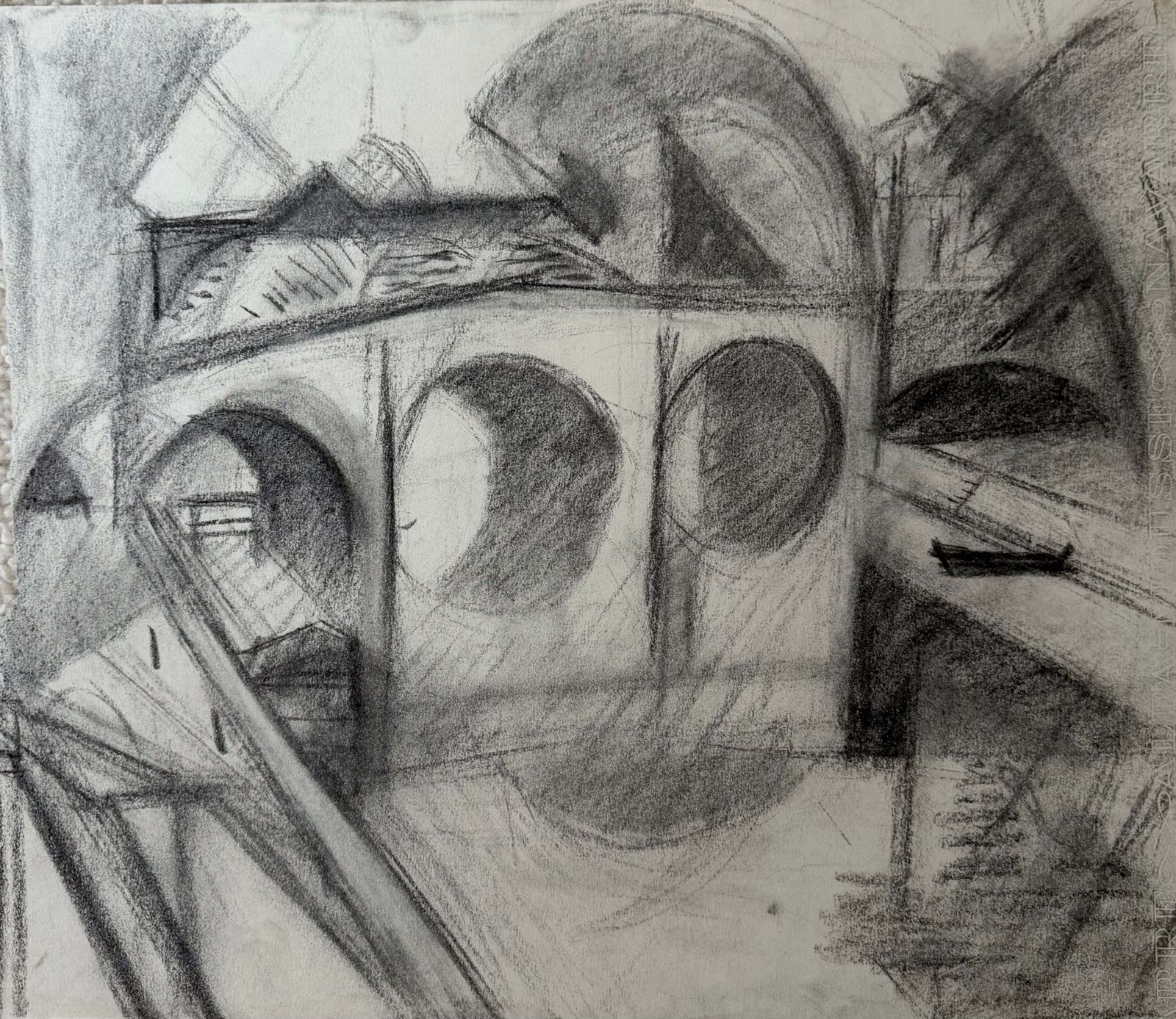 Pont en arc sur une rivière, dessin cubiste au crayon en noir et blanc, paysage français