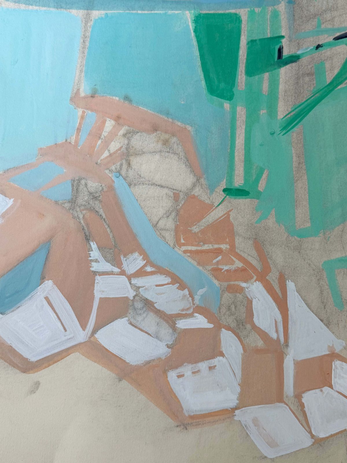 Intérieur abstrait en turquoise et vert, peinture moderniste cubiste française, années 1950 photo 505.0