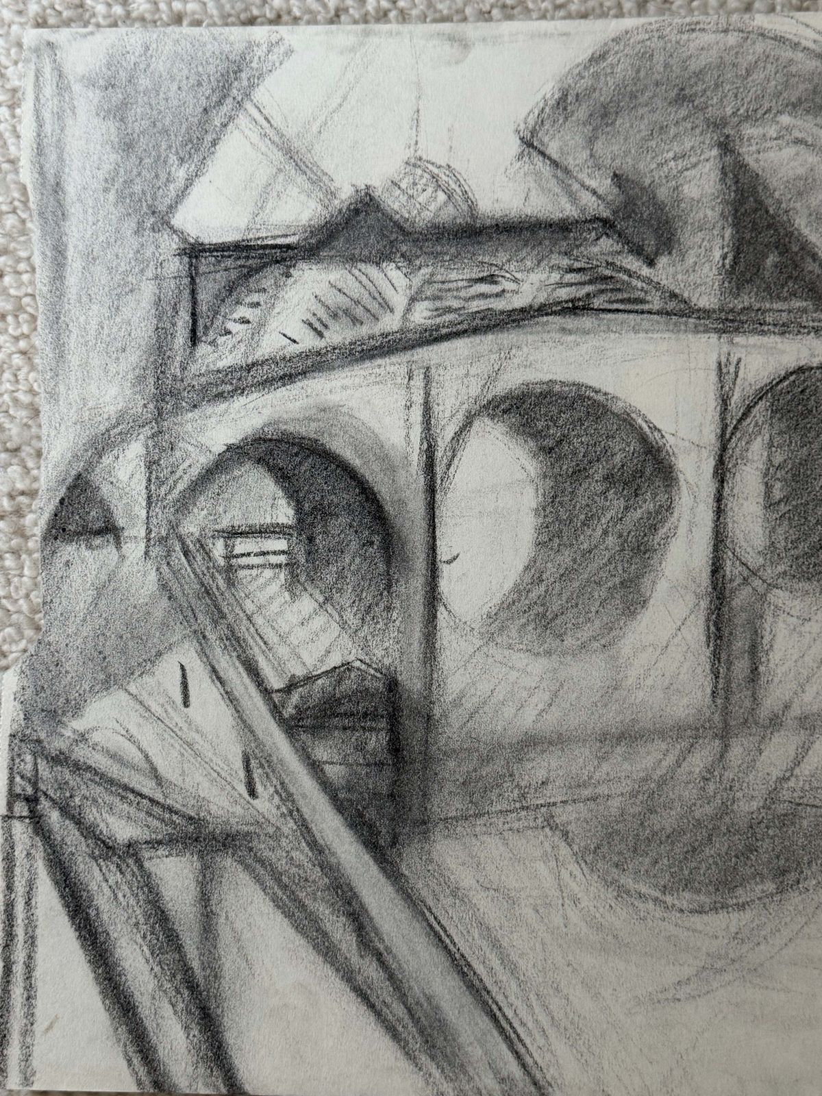 Arched Bridge Over River French Black & White Cubist Pencil Landscape Drawing photo for sale
