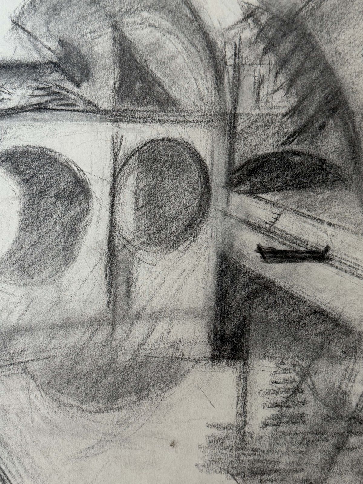 Pont en arc sur une rivière, dessin cubiste au crayon en noir et blanc, paysage français photo Art