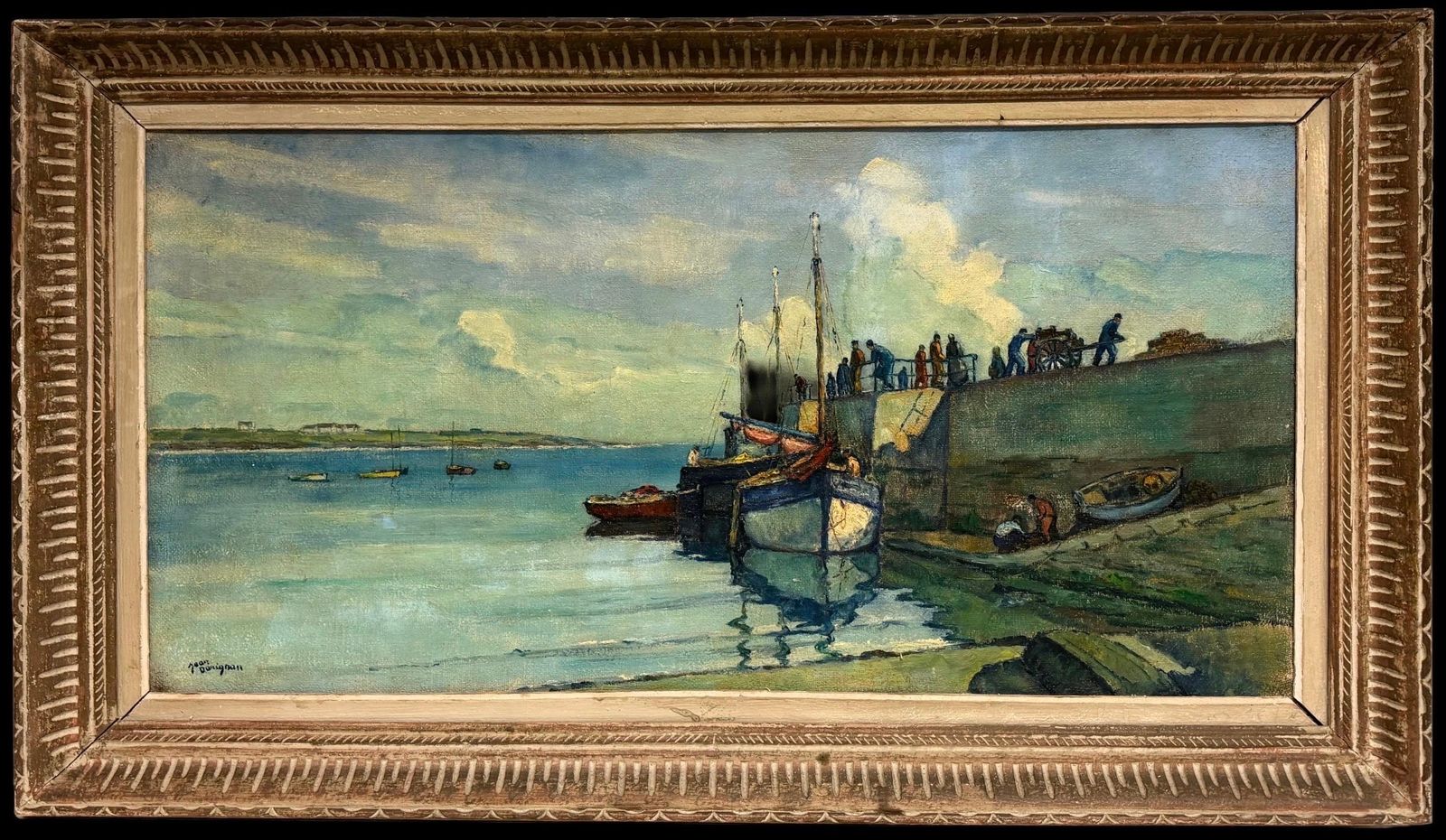 Bateaux dans un port avec personnages, paysage côtier français - peinture à l'huile