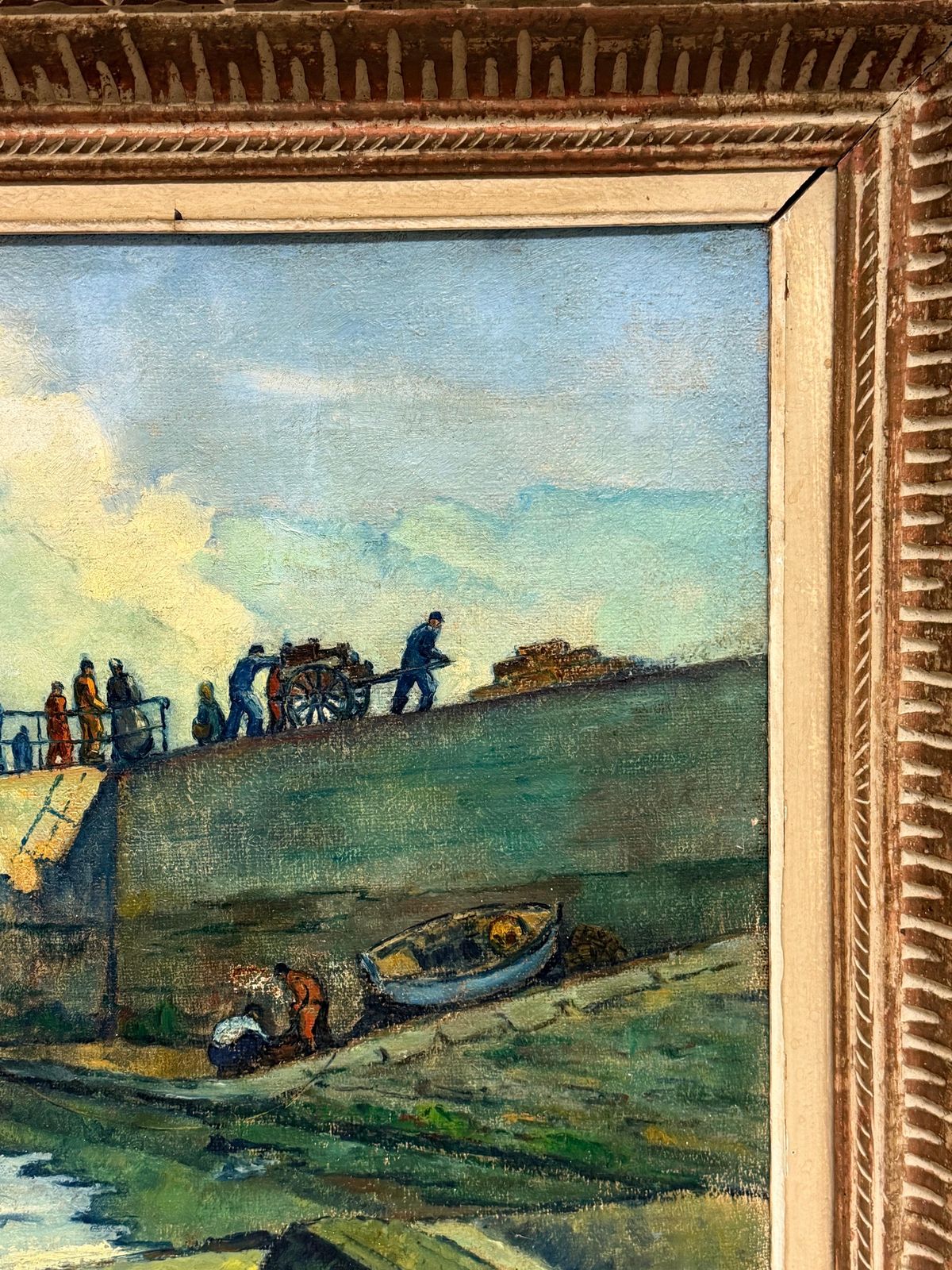 Art Bateaux dans un port avec personnages, paysage côtier français - peinture à l'huile photo