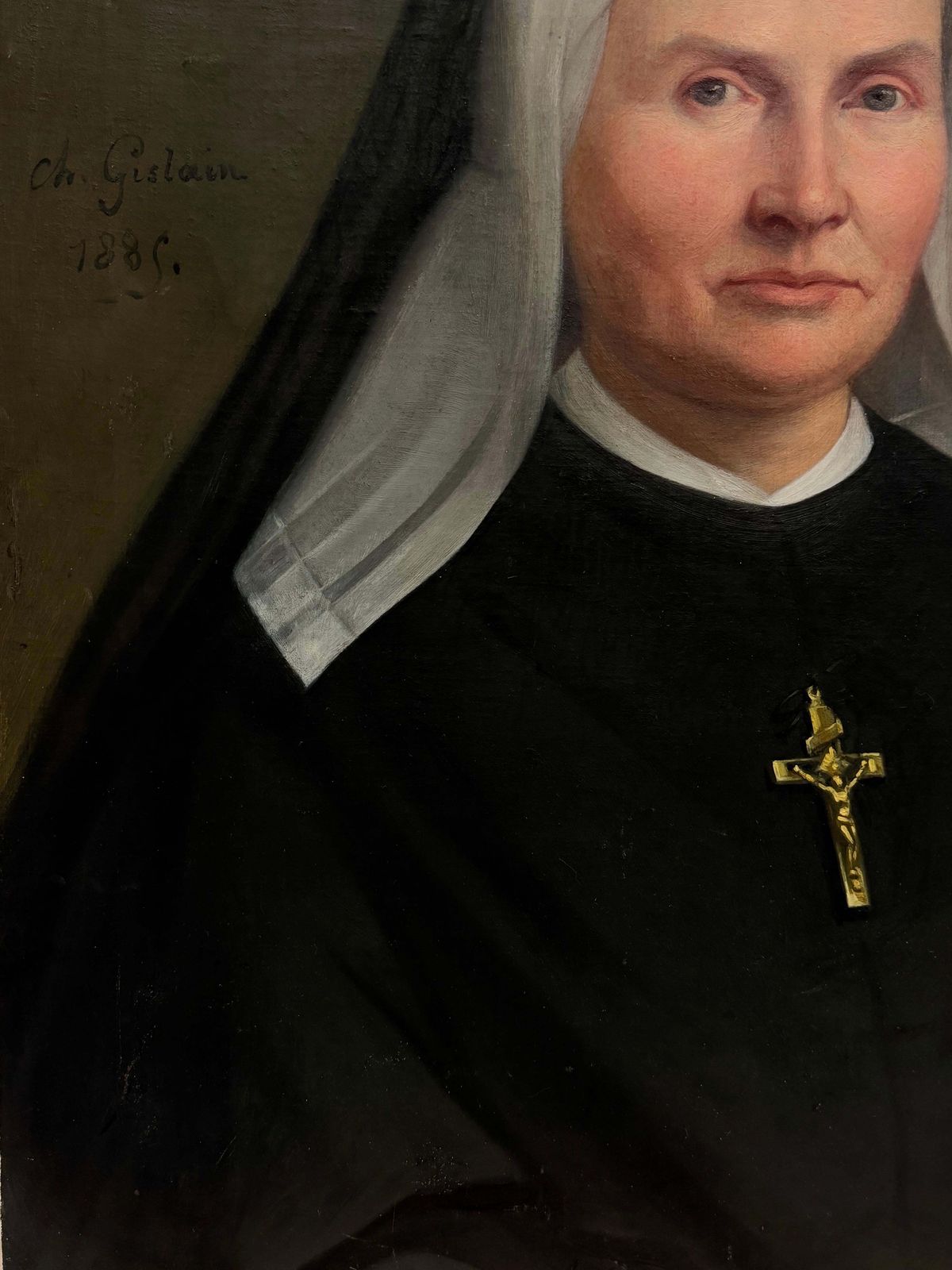 Antique French Portrait Of A Nun Wearing A Crucifix Oil Painting Dated 1885 photo 1734.0
