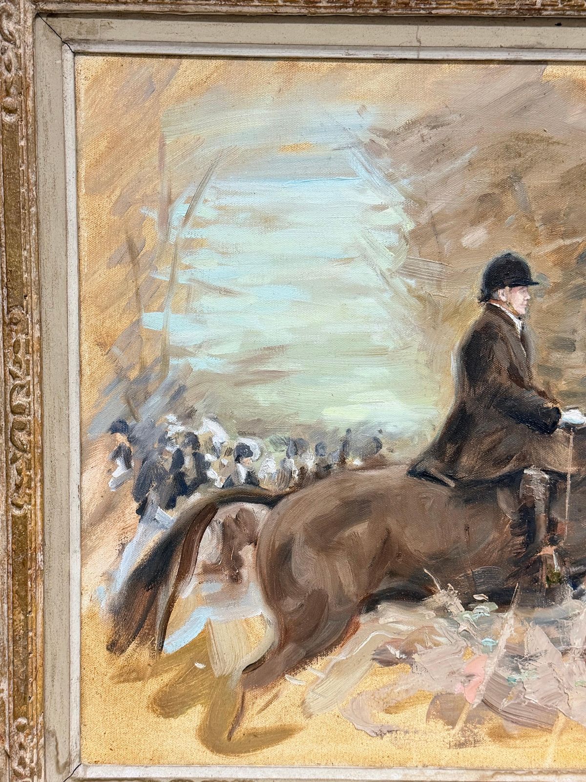 Chasseur à cheval avec une meute, école britannique du XXe siècle, peinture de sport équestre à l'huile photo for sale