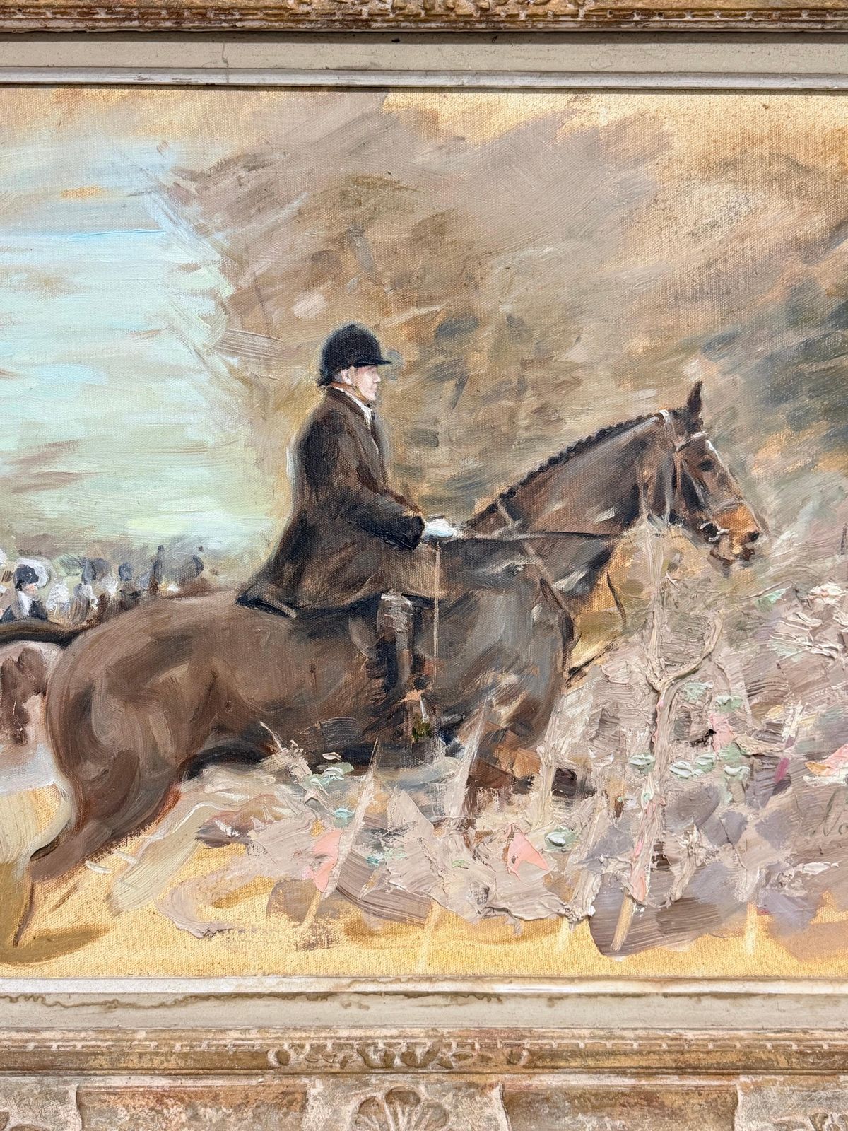 Chasseur à cheval avec une meute, école britannique du XXe siècle, peinture de sport équestre à l'huile photo Art