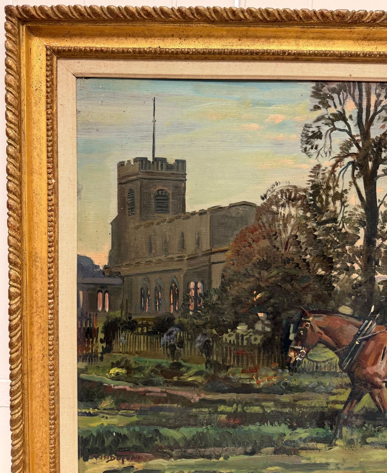 Gentleman à cheval près d'une église de village, peinture équestre britannique à l'huile photo for sale