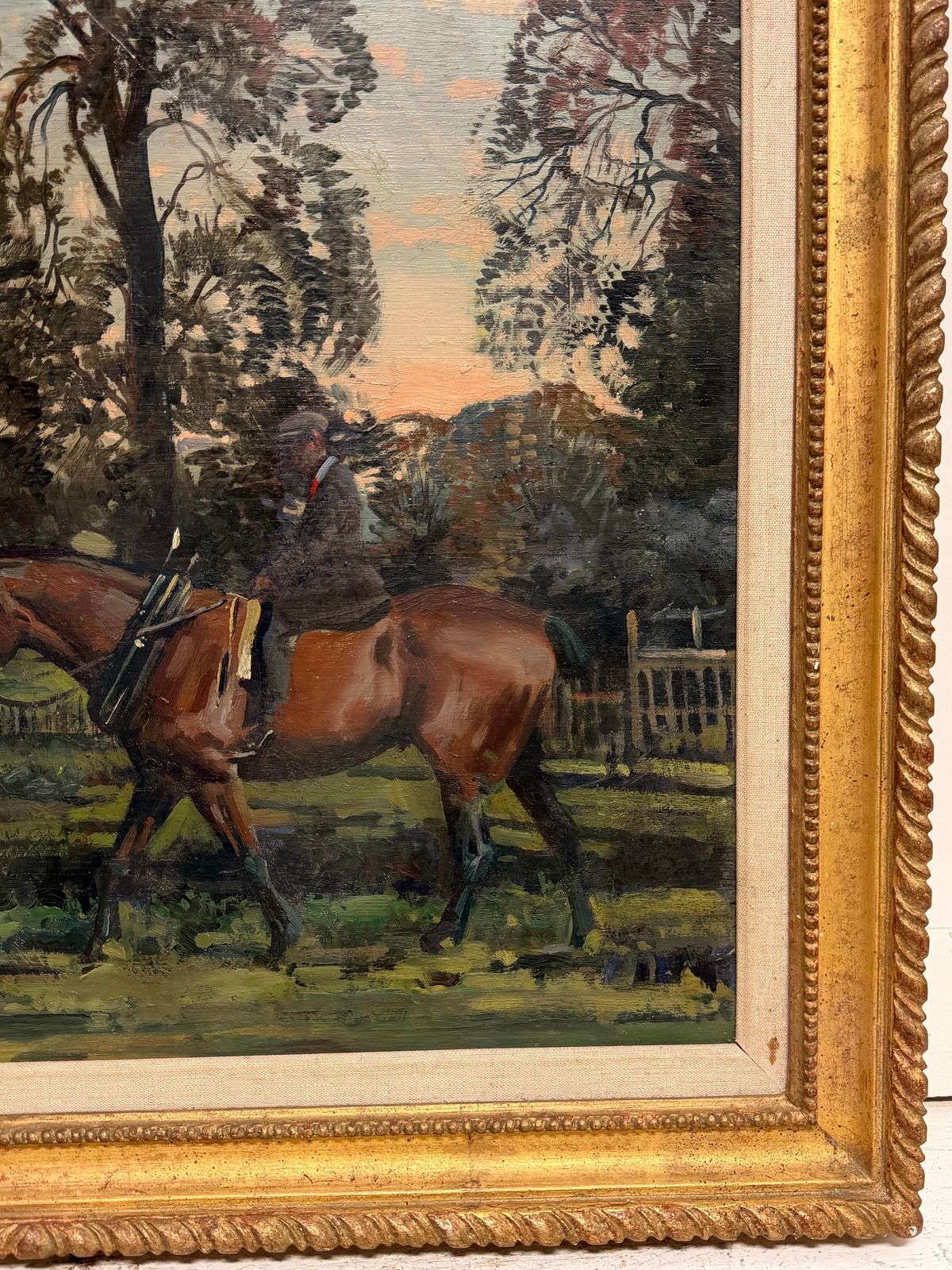 Gentleman à cheval près d'une église de village, peinture équestre britannique à l'huile photo Art