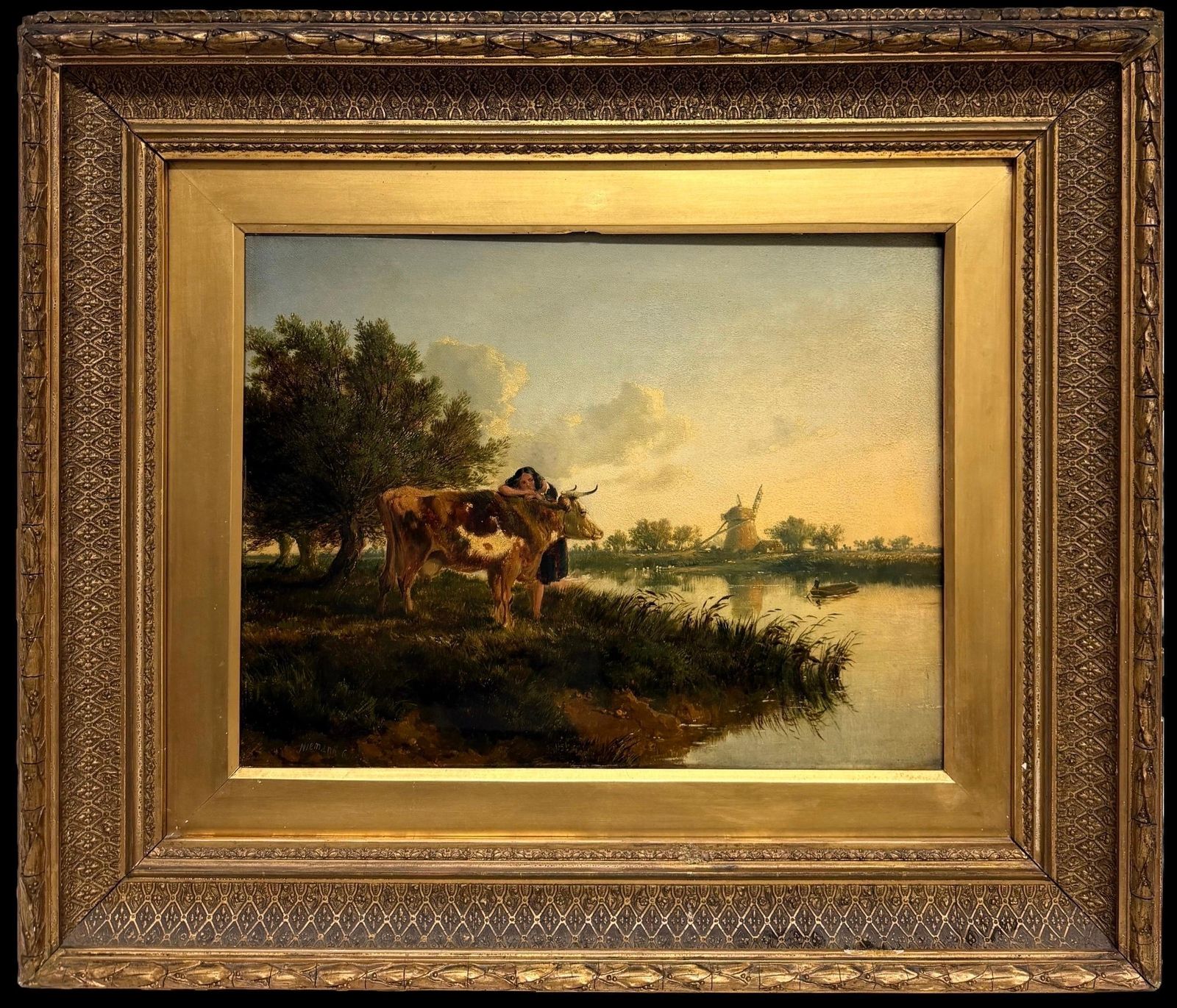 Fine British Victorian Landscape Cattle & Girl By Pond Sunset Golden Landscape